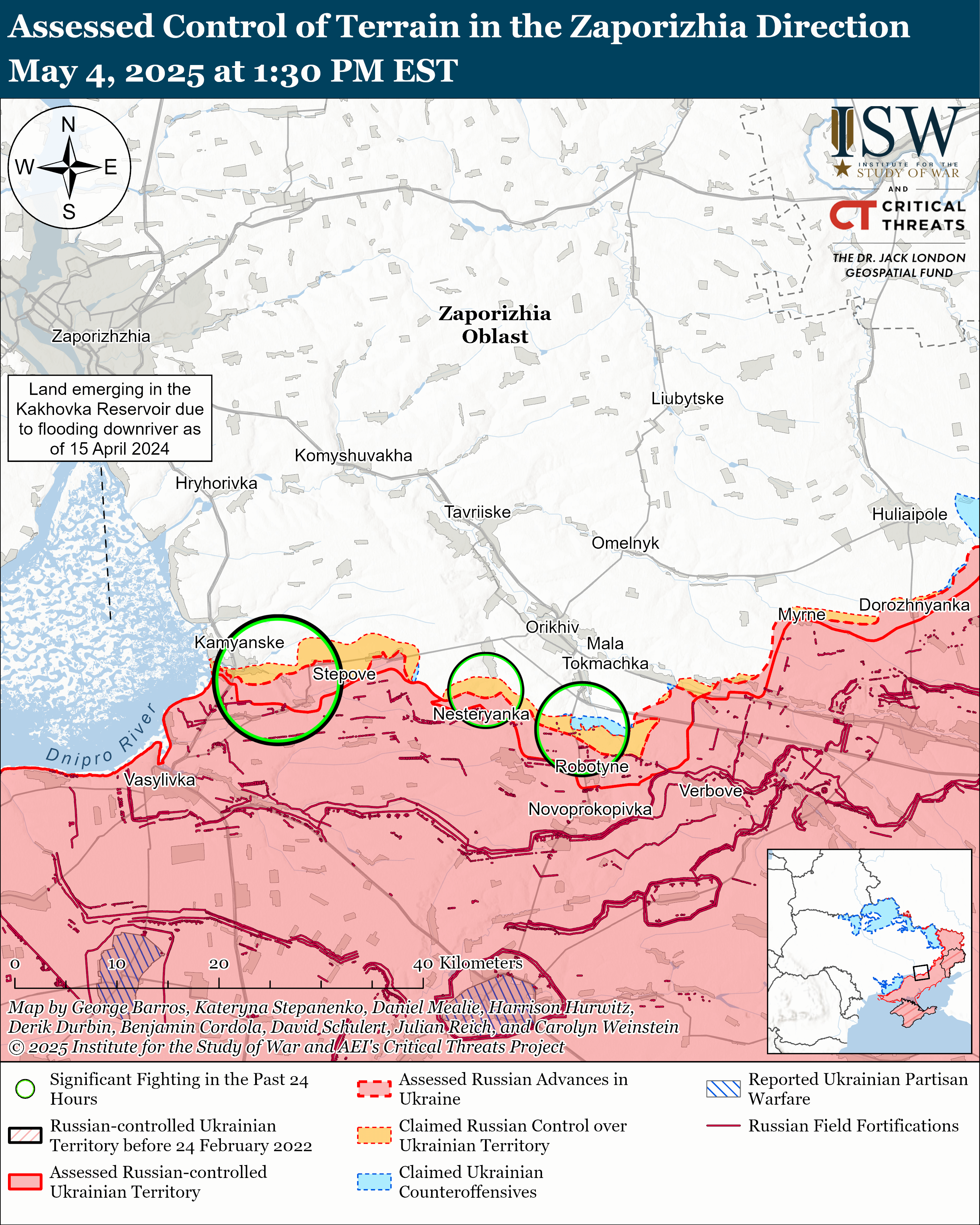 map depicting control of terrain in the zaporizhia direction with various control and conflict zones marked as of may 4, 2025.