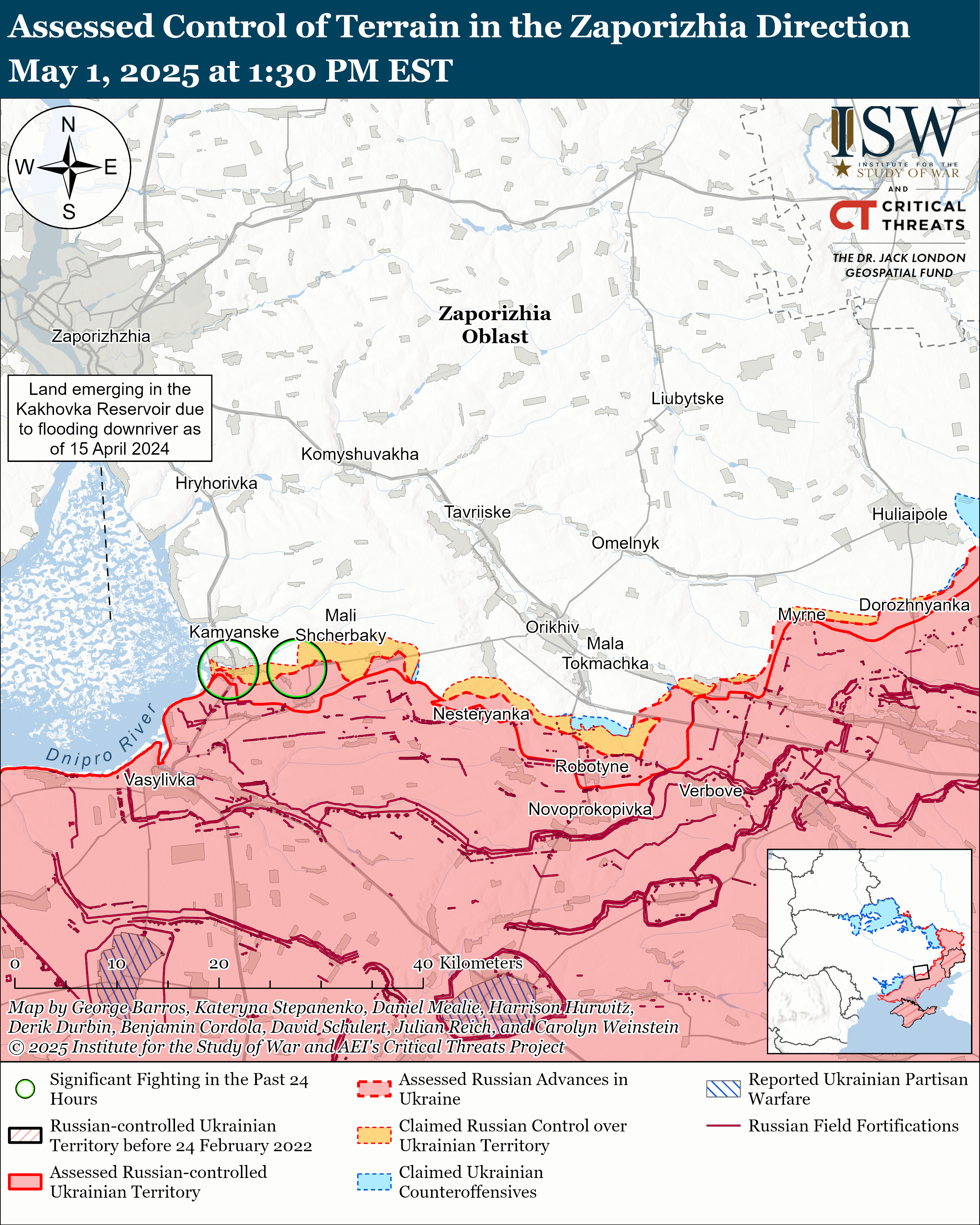 a map showing control of terrain in the zaporizhia direction with various territorial assessments and control markings by different forces.