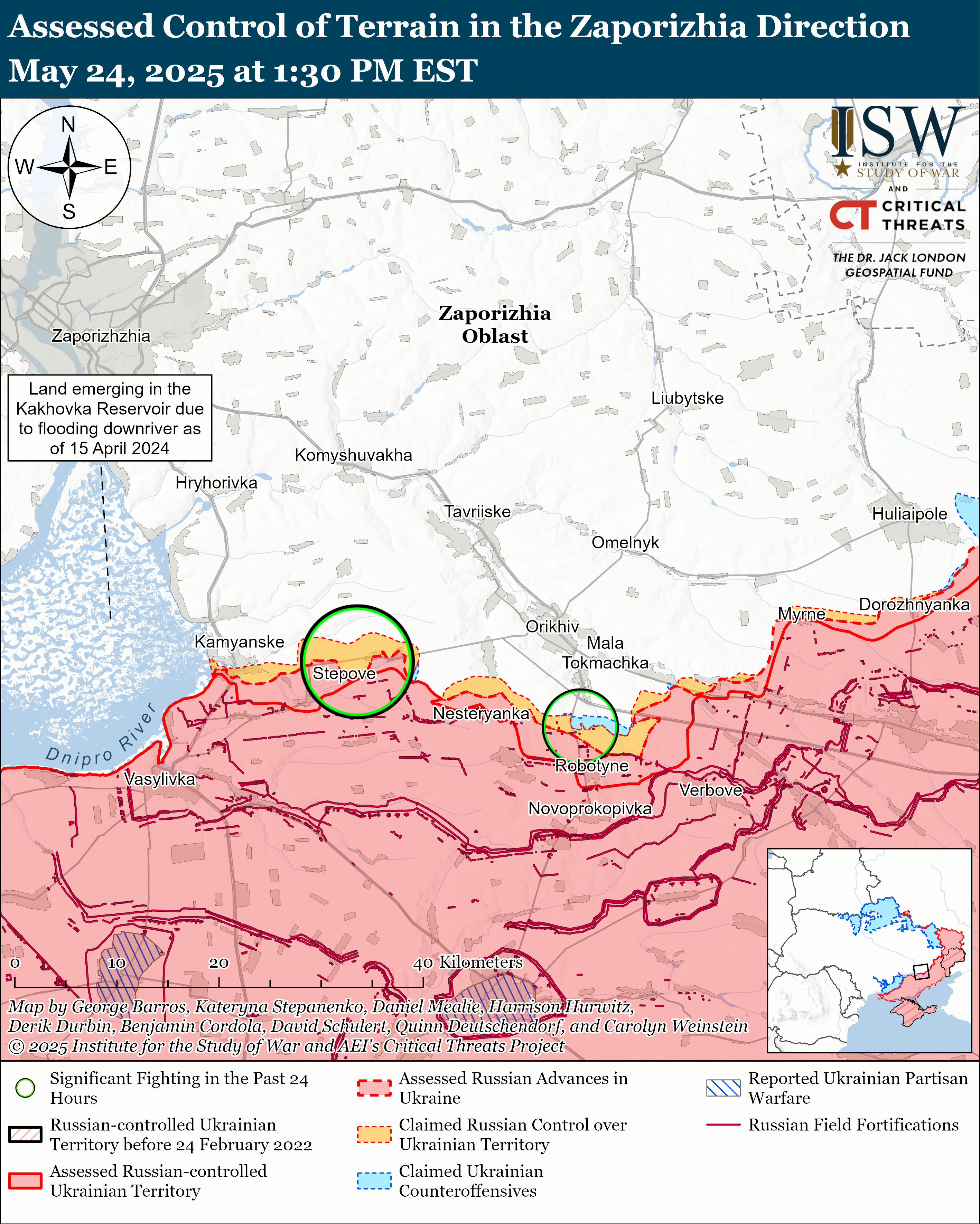 map depicting assessed control of terrain in the zaporizhia region, including key locations and control zones.