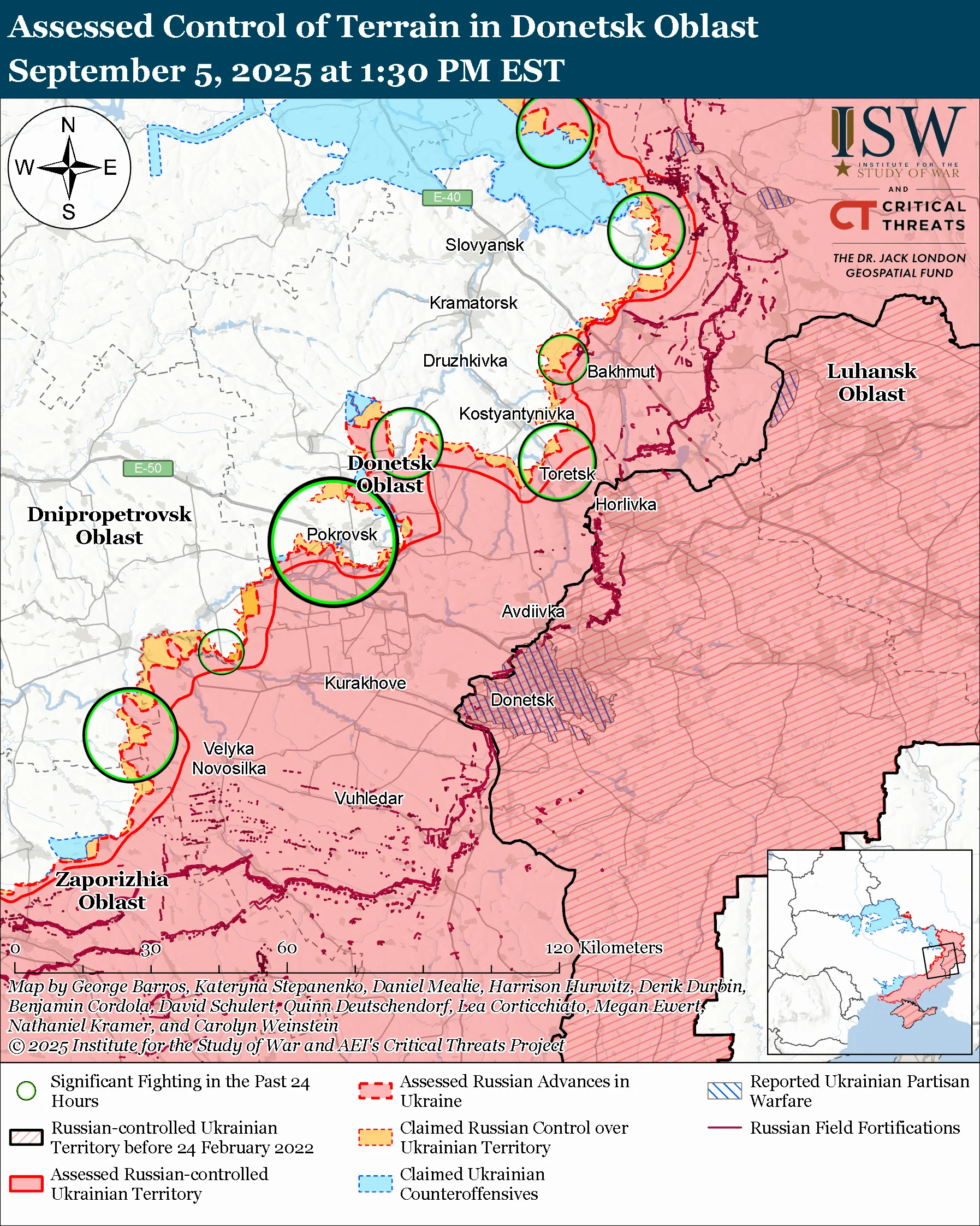 Assessed Control of Terrain in Donetsk Oblast, September 5, 2025 at 1:30 PM EST