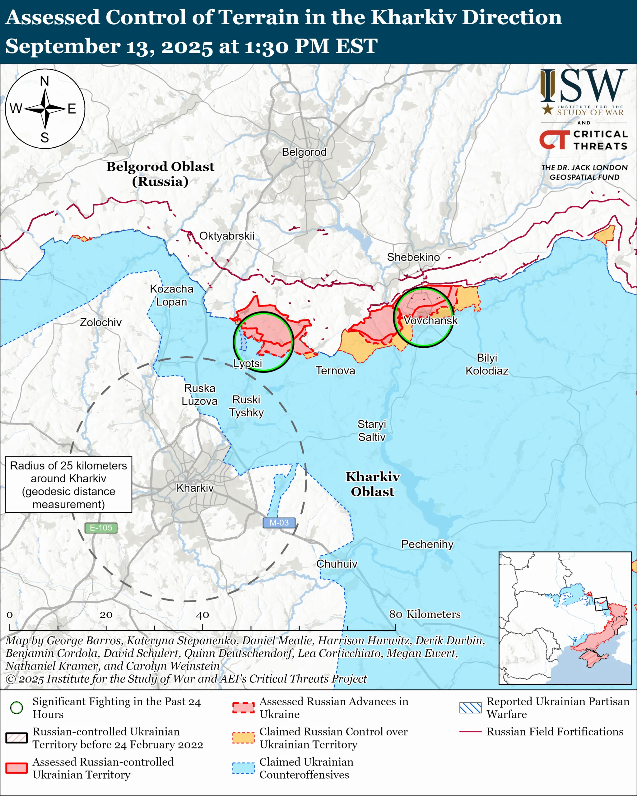 Assessed Control of Terrain in the Kharkiv Direction, September 13, 2025, 1:30 PM ET