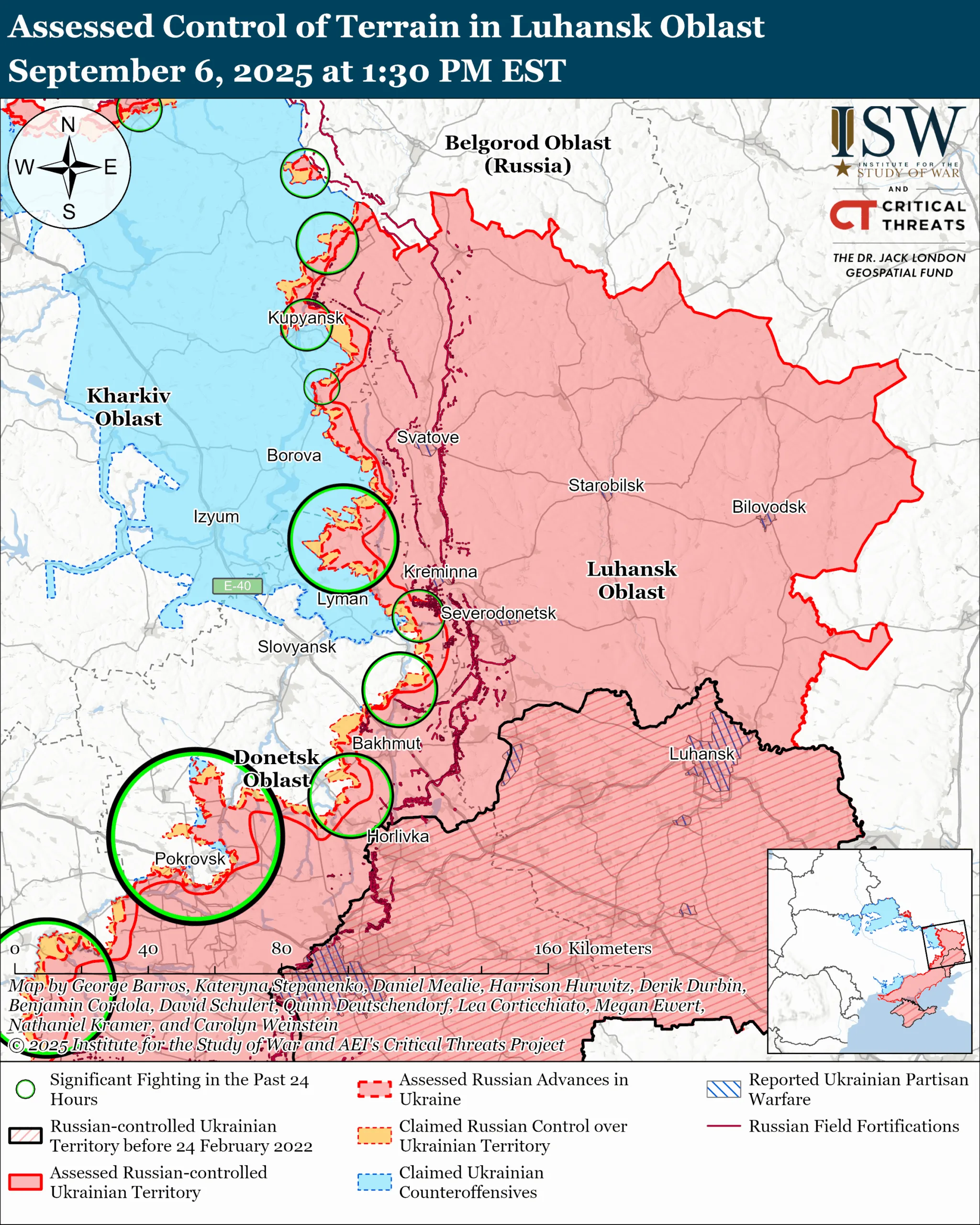 Assessed Control of Terrain in Luhansk Oblast September 6, 2025 at 1:30PM EST