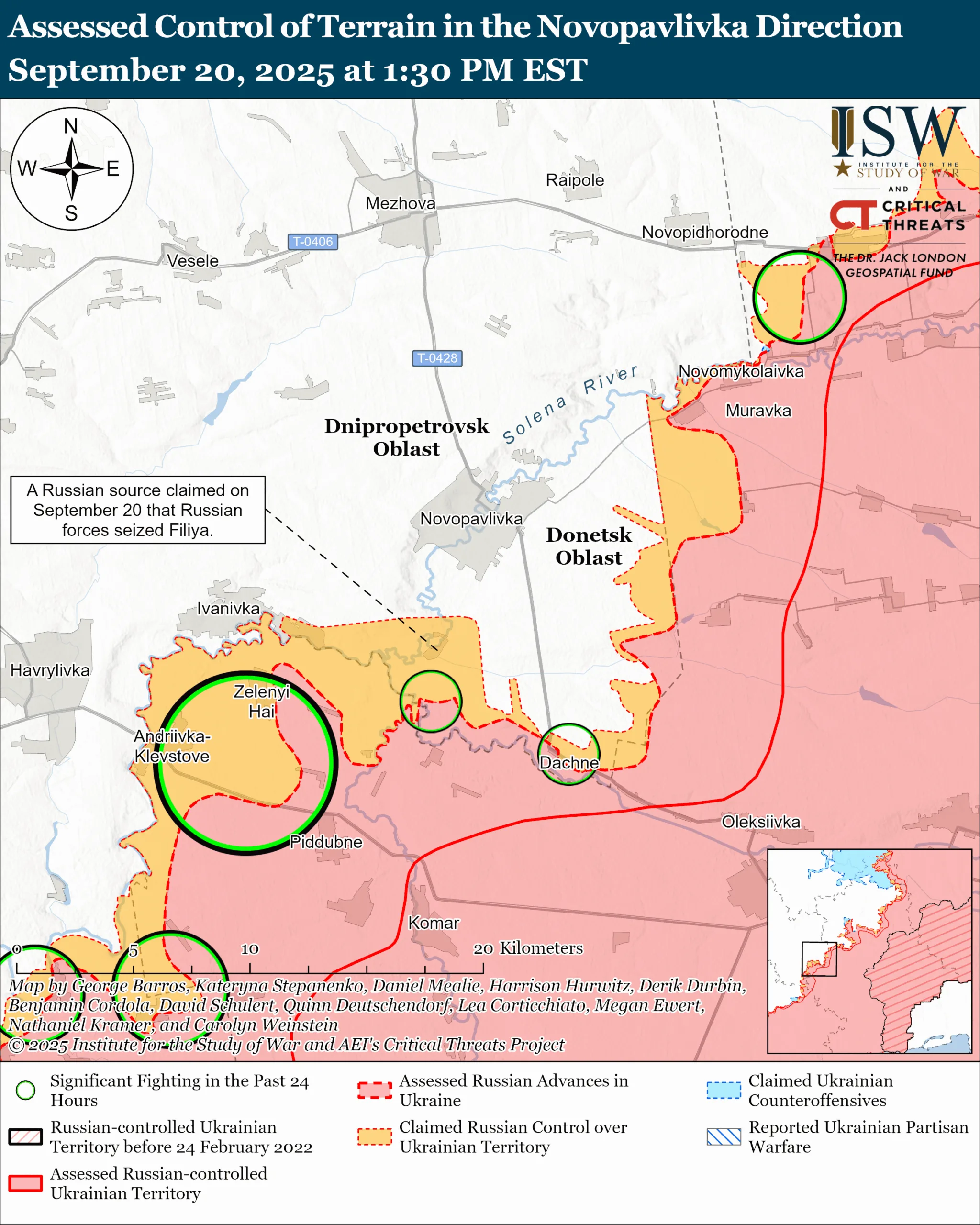 Assessed Control of Terrain in the Novopavlivka Direction September 20, 2025 at 1:30 PM EST