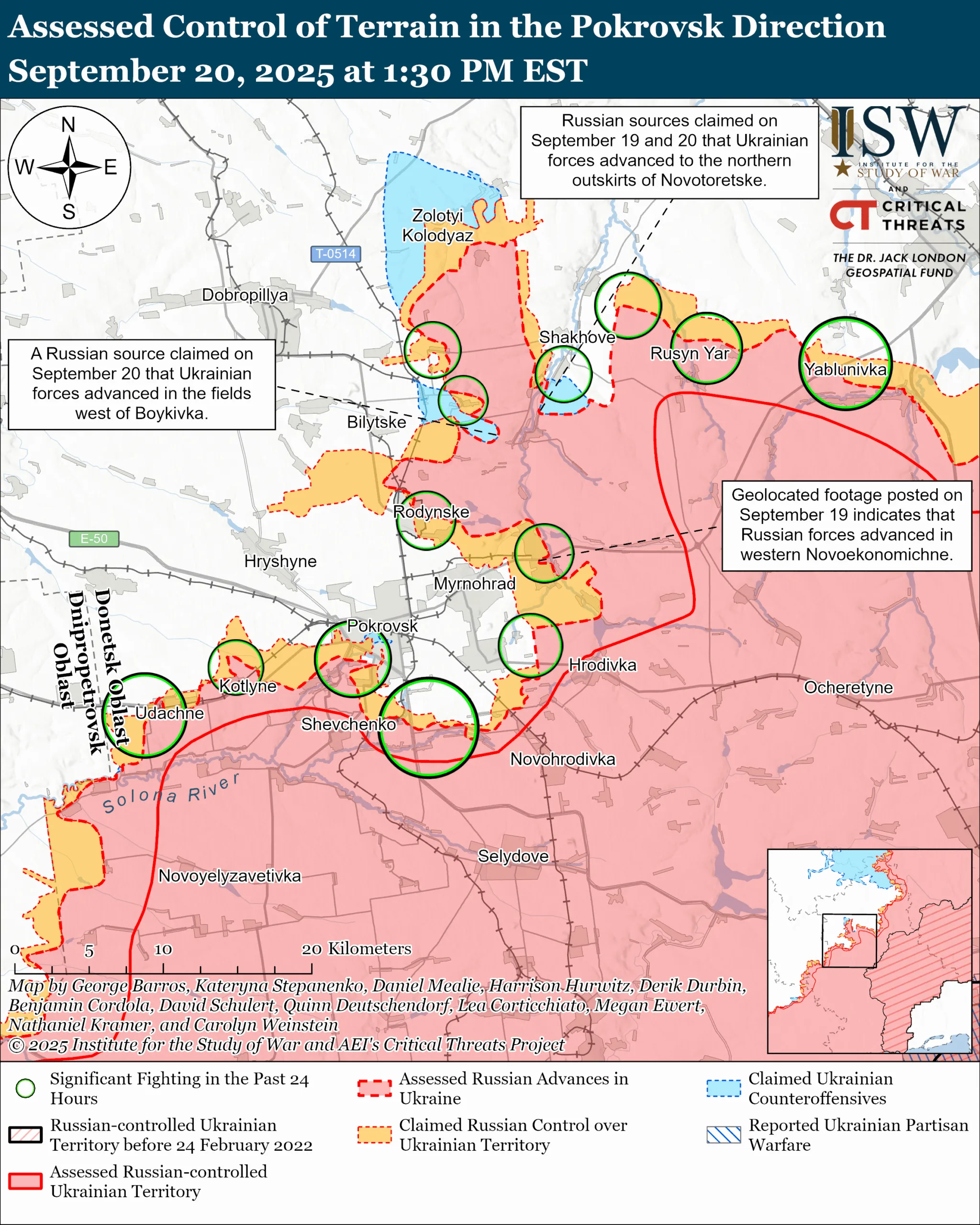 Assessed Control of Terrain in the Pokrovsk Direction September 20, 2025 at 1:30 PM EST