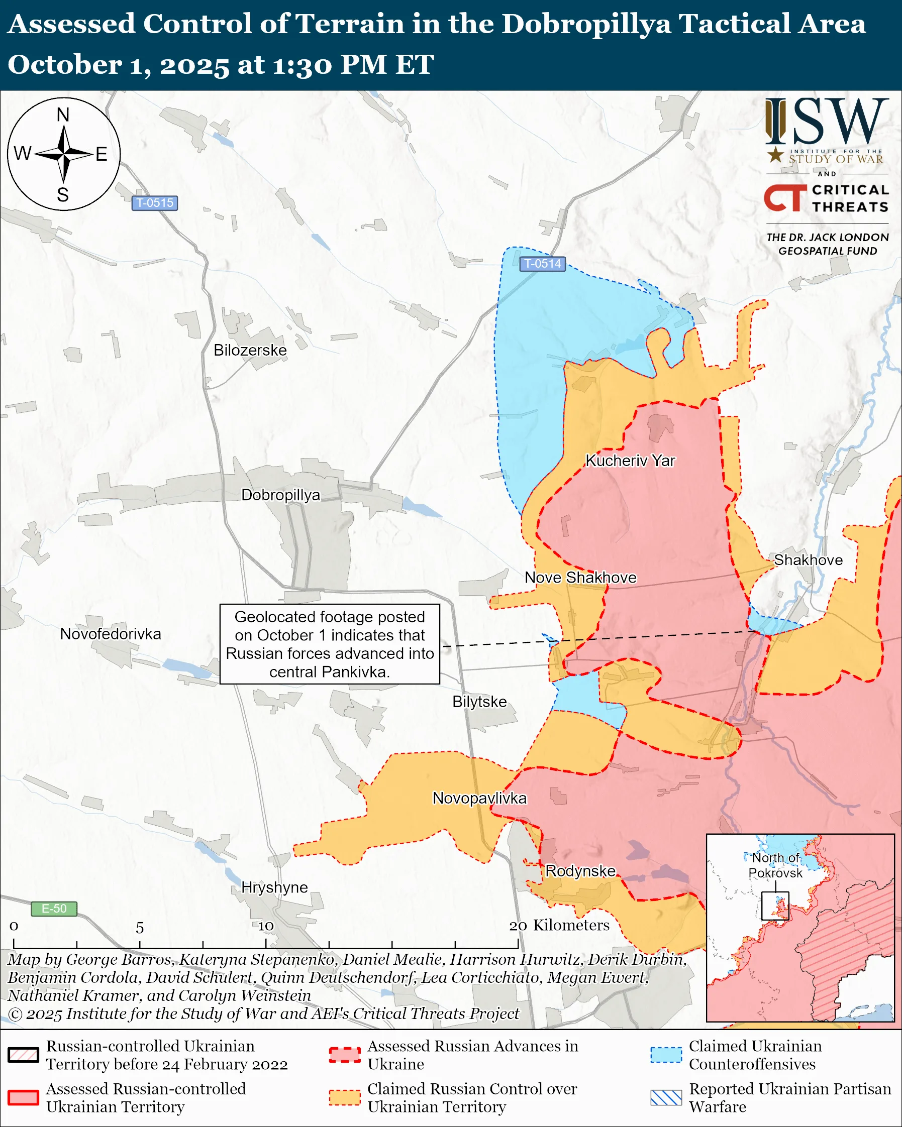 Assessed Control of Terrain in the Dobropillya Tactical Area October 1, 2025 at 1:30 PM ET