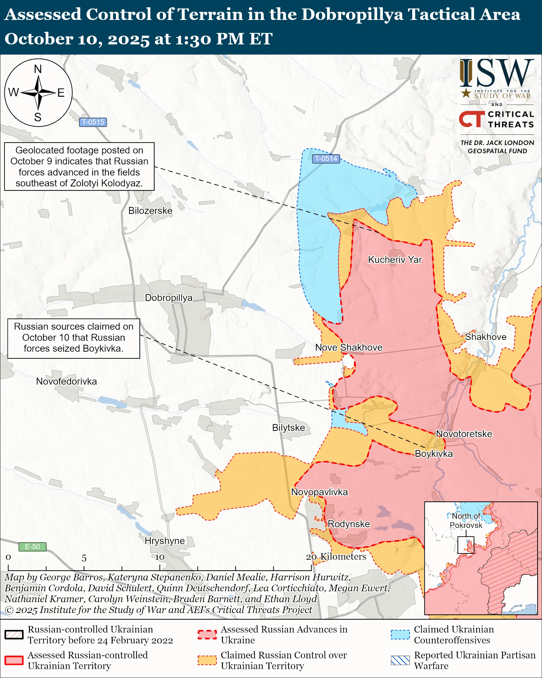 Assessed Control of Terrain in the Dobropillya Tactical Area, October 10, 2025 at 1:30 PM ET