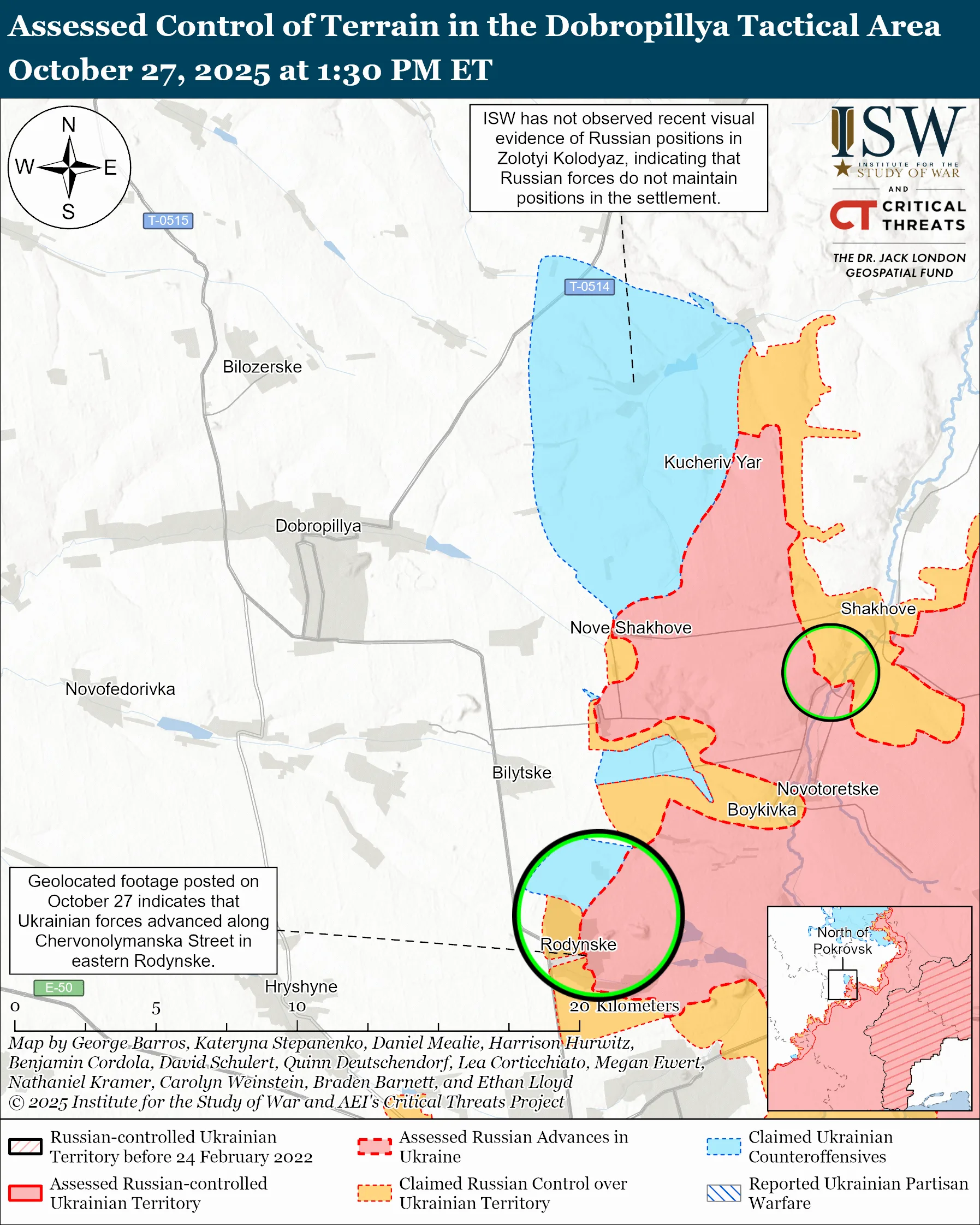 Assessed Control of Terrain in the Dobropillya Tactical Area, October 27, 2025 at 1:30 PM ET