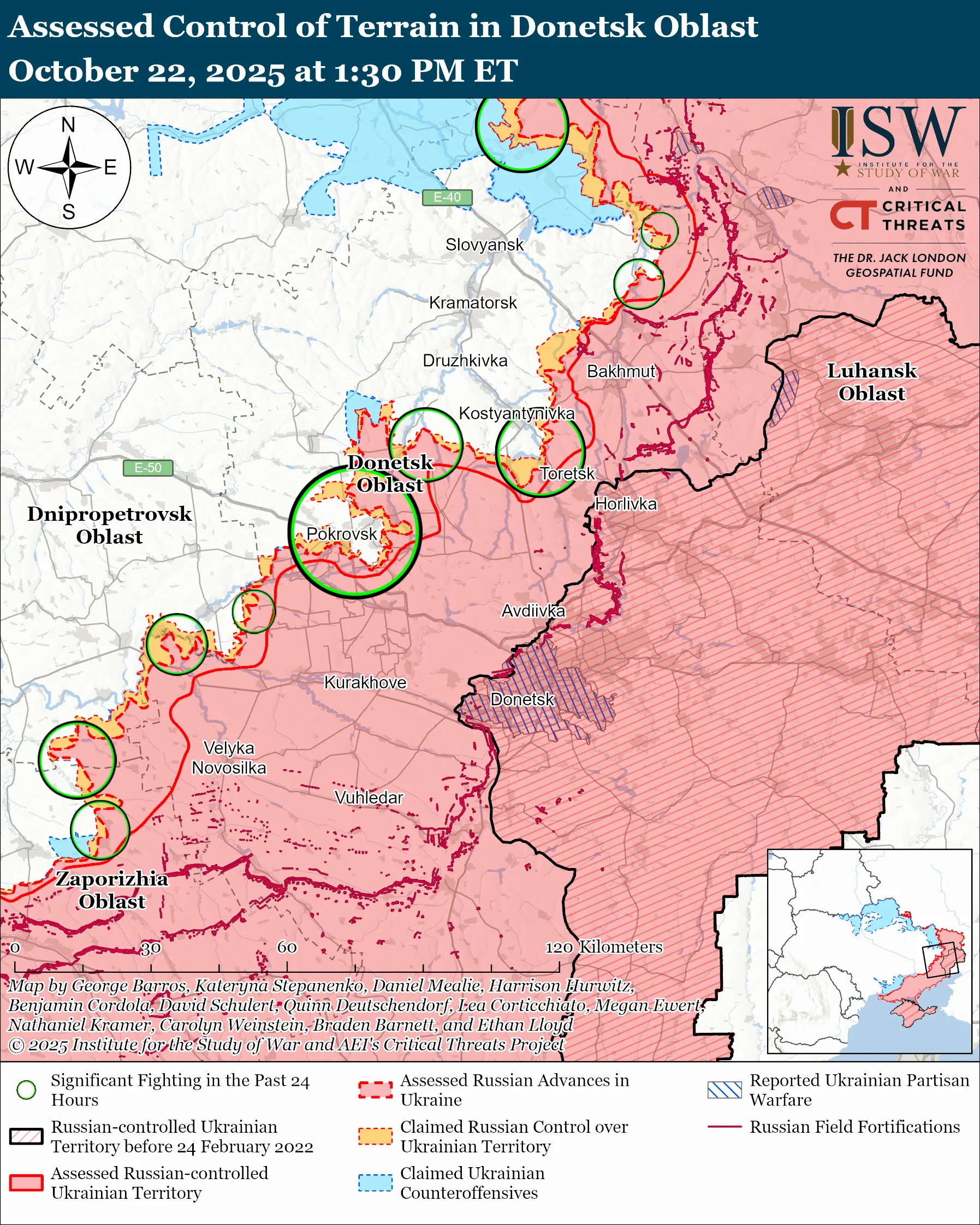Assessed Control of Terrain in Donetsk Oblast, October 22, 2025 at 1:30 PM ET