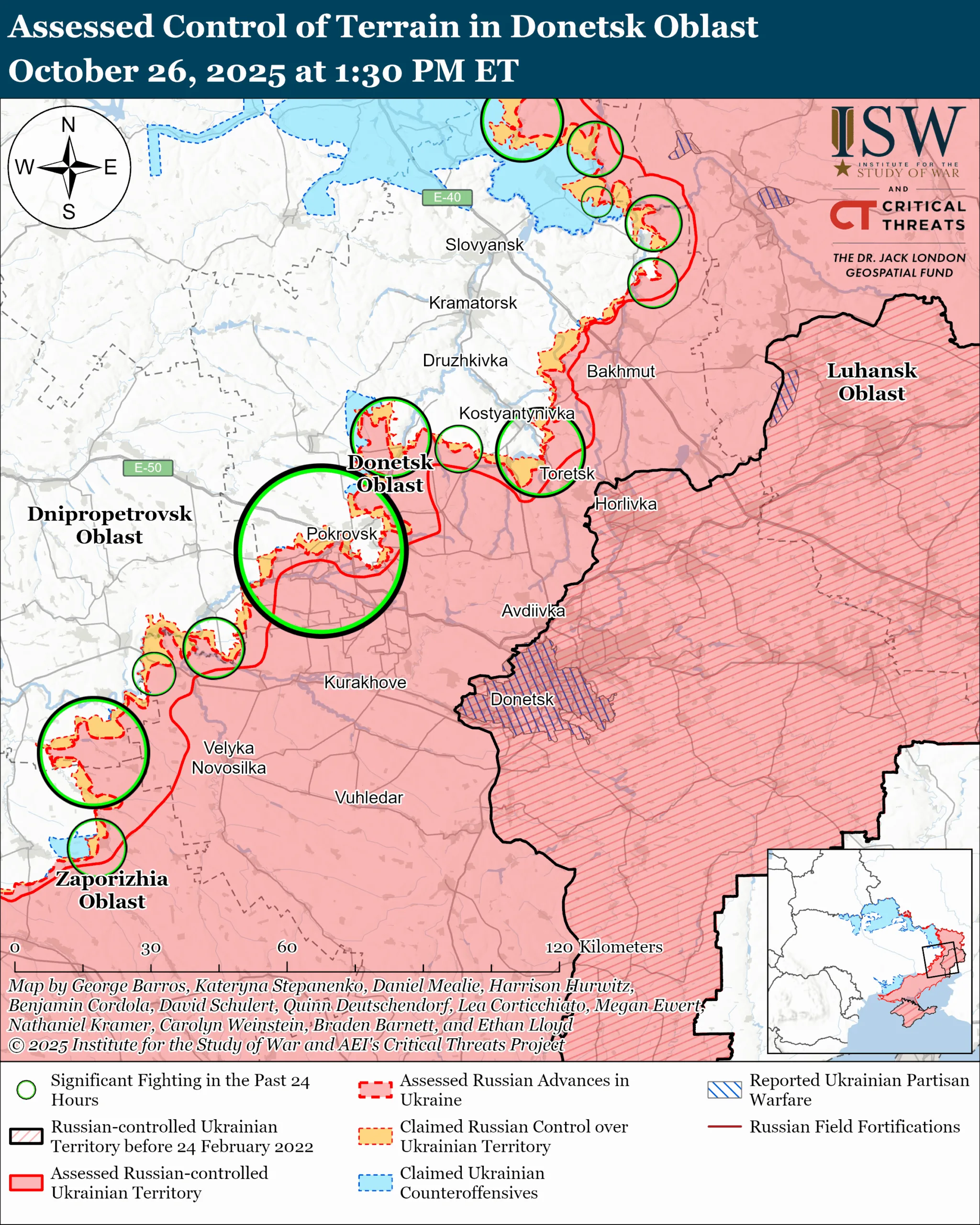 Assessed Control of Terrain in Donestk Oblast, October 26, 2025 at 1:30 PM ET