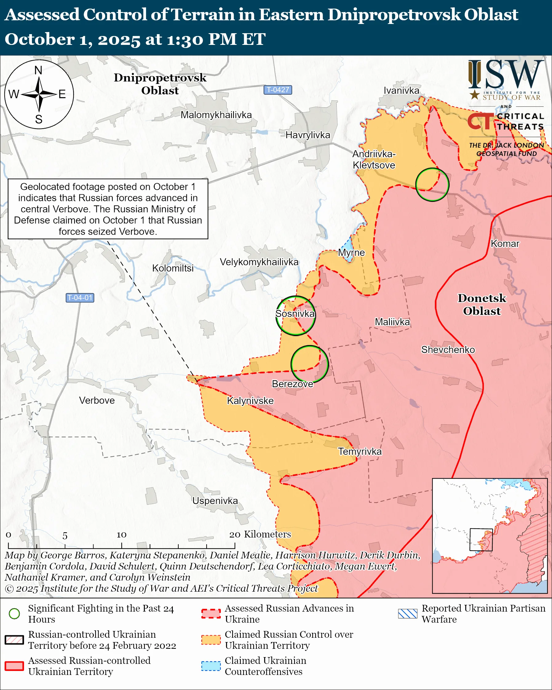 Assessed Control of Terrain in Eastern Dnipropetrovsk Oblast October 1, 2025 at 1:30 PM ET