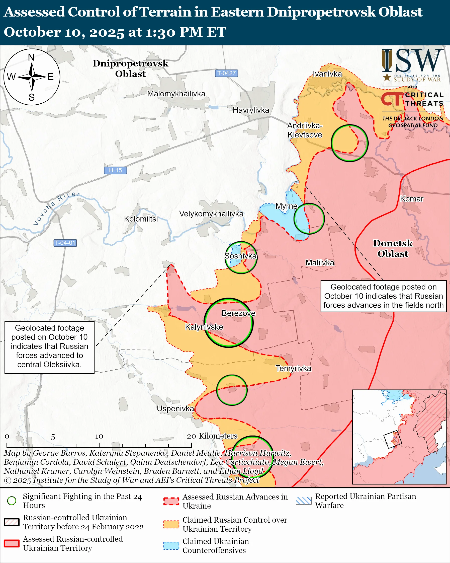 Assessed Control of Terrain in Eastern Dnipropetrovsk Oblast, October 10, 2025 at 1:30 PM ET
