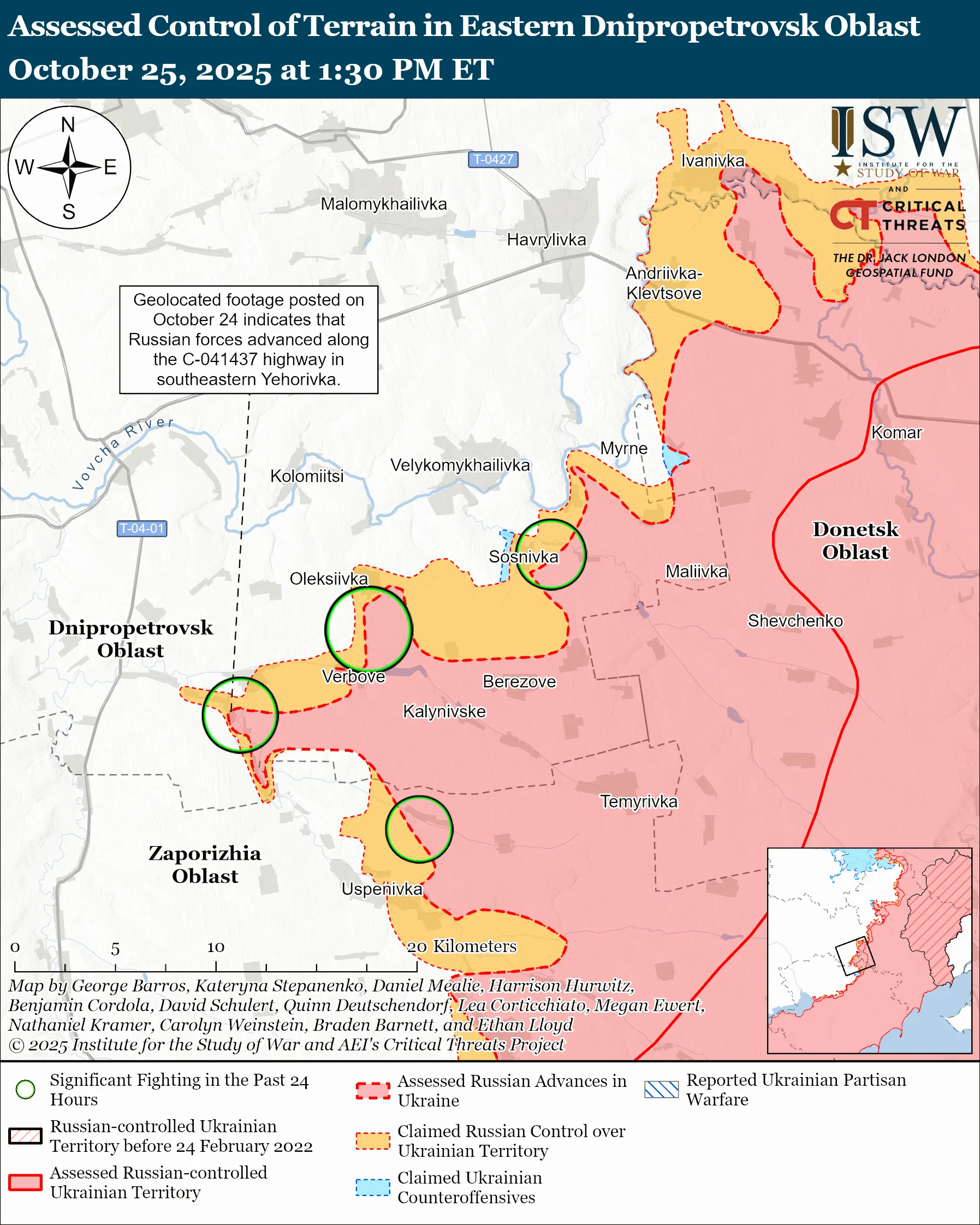 Assessed Control of Terrain in the Eastern Dnipropetrovsk Direction, October 25, 2025 at 1:30 PM ET
