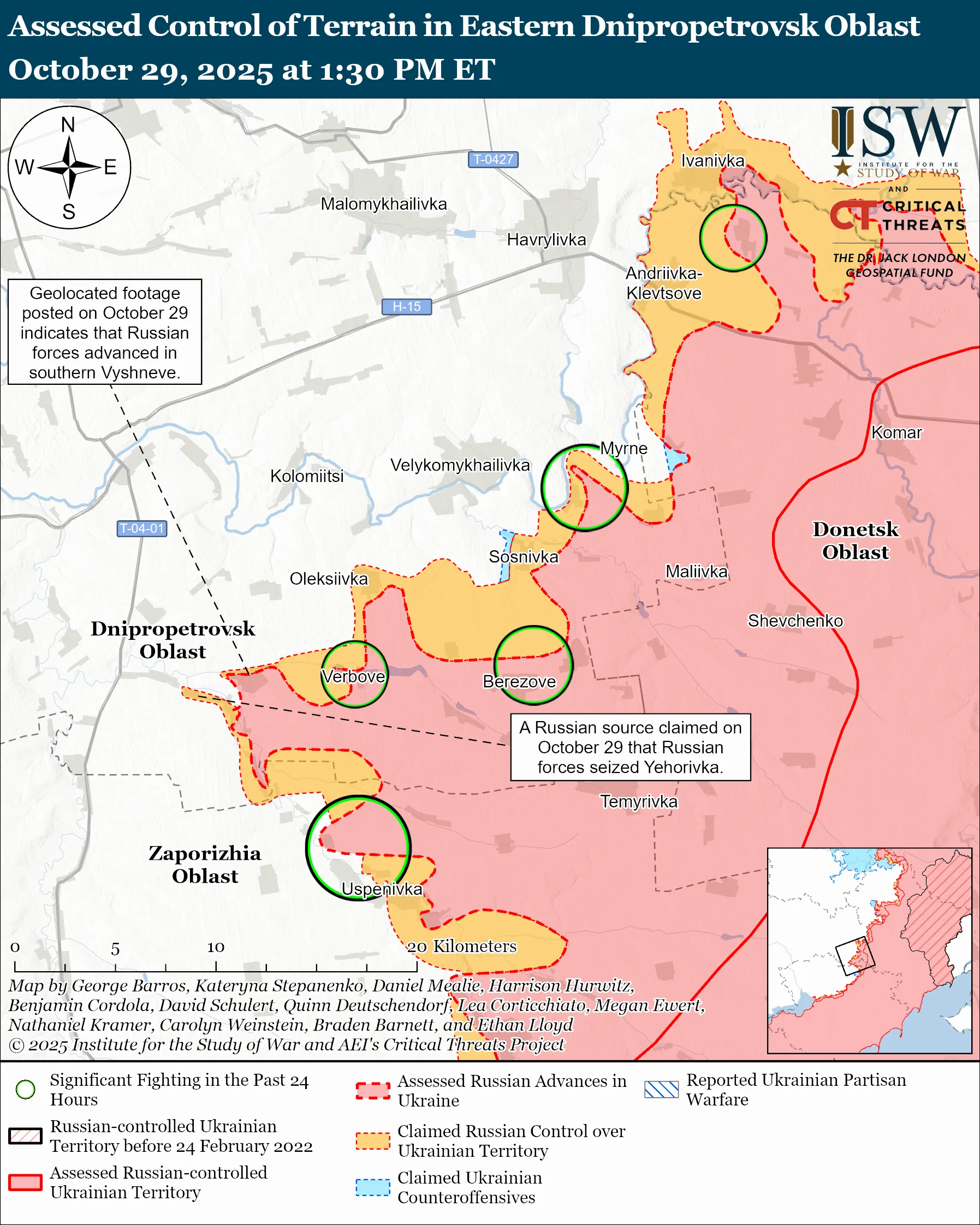 Assessed Control of Terrain in Eastern Dnipropetrovsk Oblast, October 29, 2025 at 1:30 PM ET