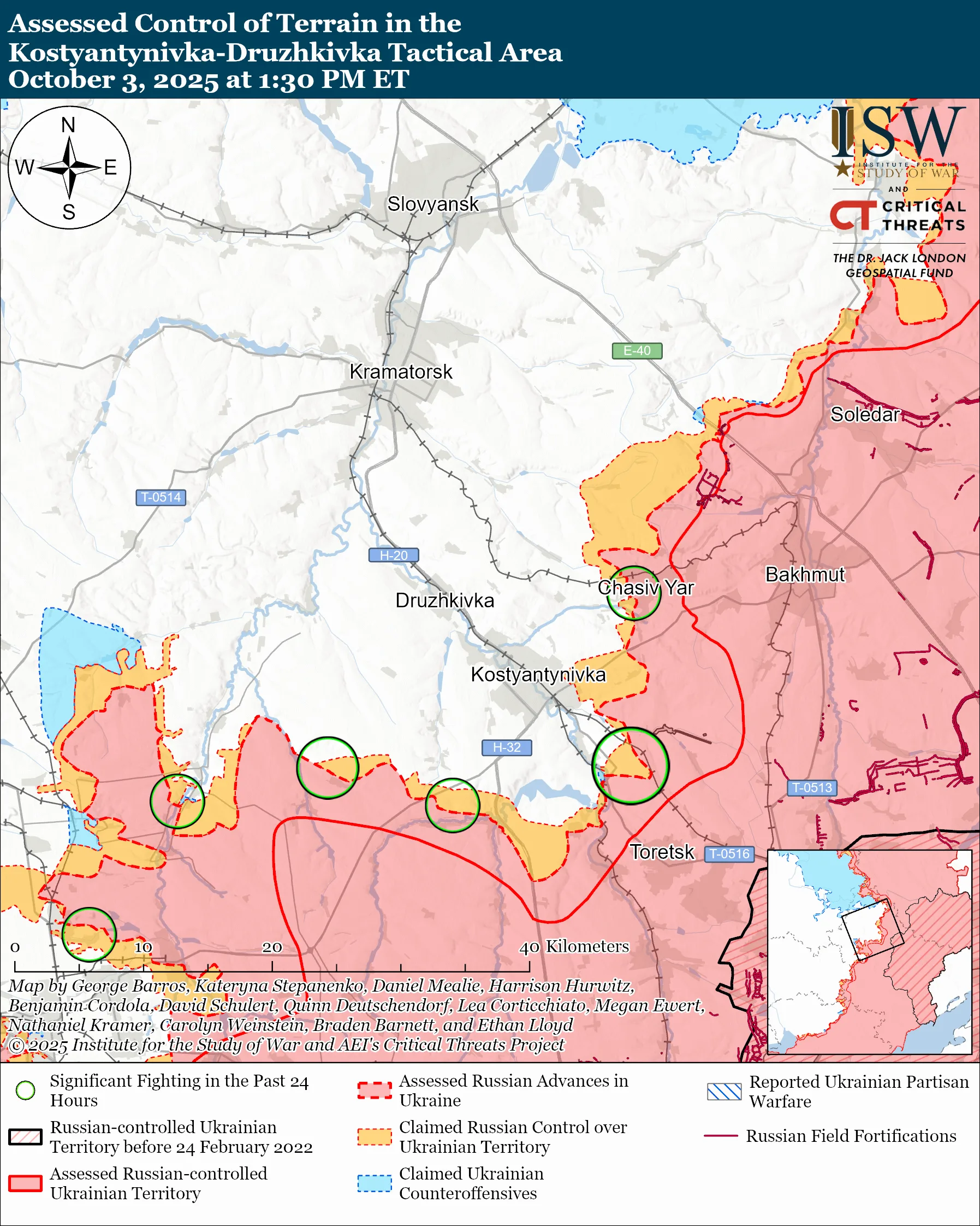 Assessed Control of Terrain in the Konstyantynivka-Druzhkivka Tactical Area, October 3, 2025 at 1:30 PM ET