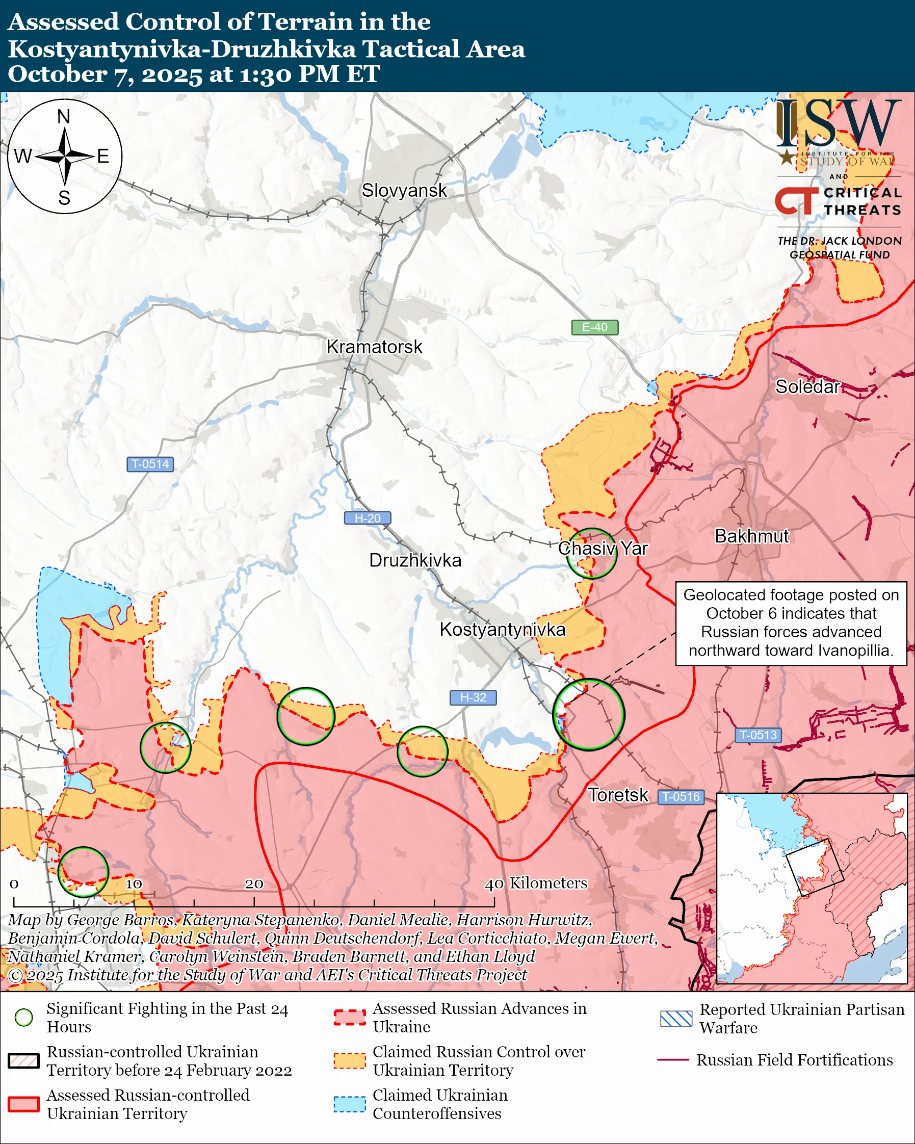 Assessed Control of Terrain in the Kostyantynivka Druzhkivka Tactical Area October 7, 2025 at 1:30 PM ET