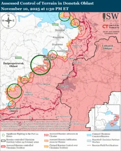 Assessed Control of Terrain in the Donetsk Oblast, November 10, 2025 at 1:30 PM ET