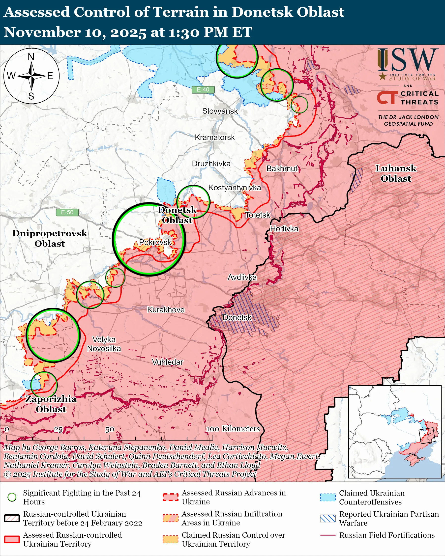 Assessed Control of Terrain in the Donetsk Oblast, November 10, 2025 at 1:30 PM ET