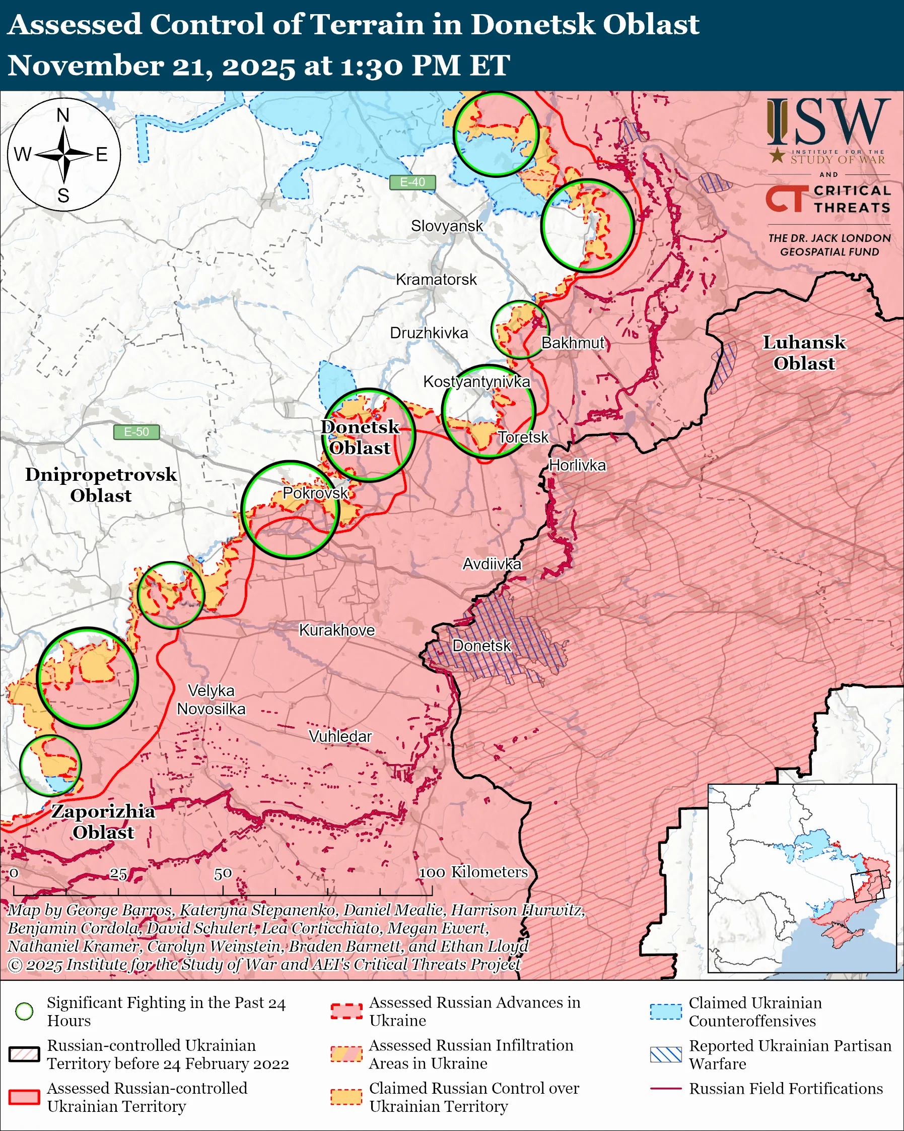Assessed Control of Terrain in Donetsk Oblast, November 21, 2025 at 1:30 PM ET