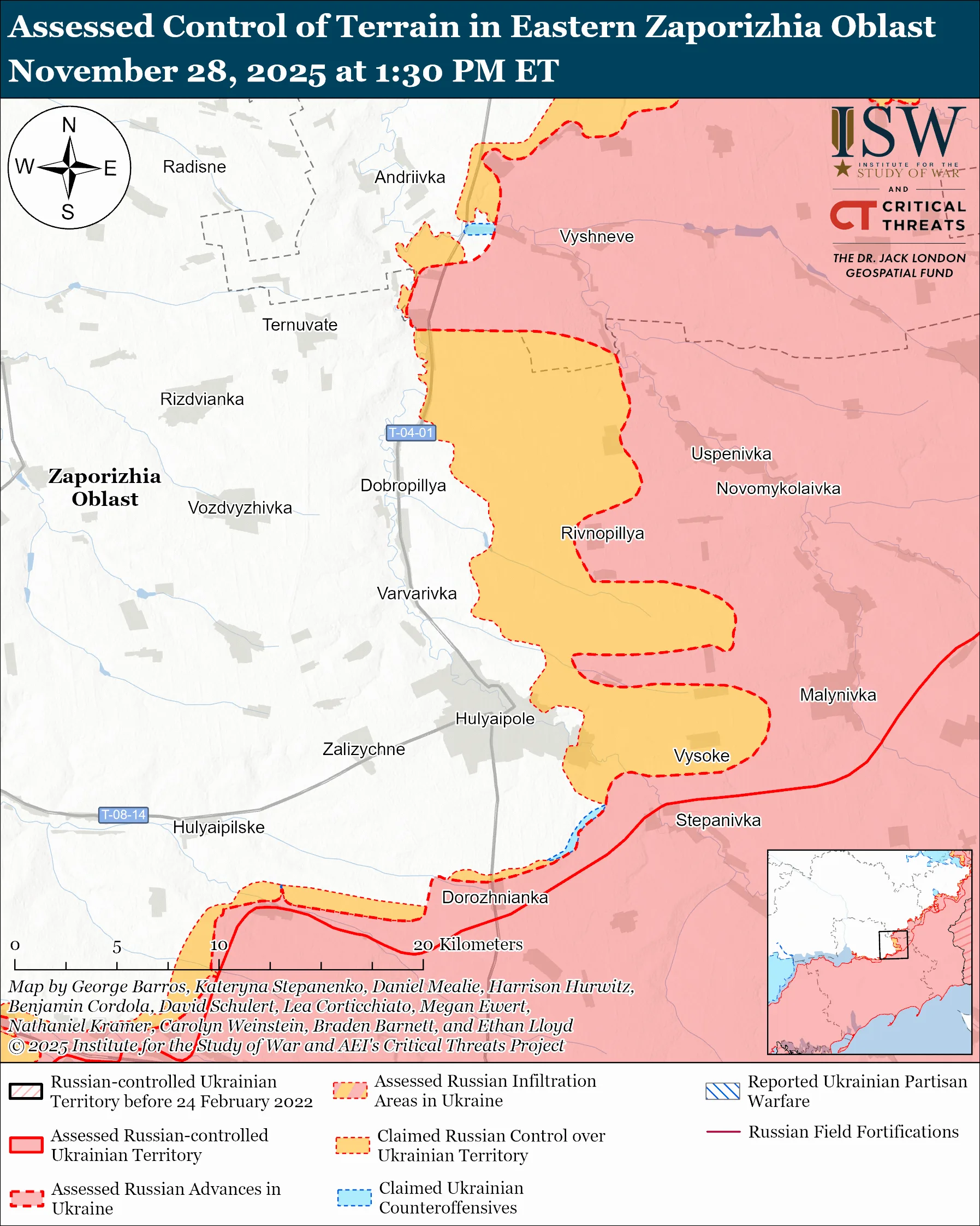  Assessed Control of Terrain in Eastern Zaporizhia Oblast, November 28, 2025 at 1:30 PM ET