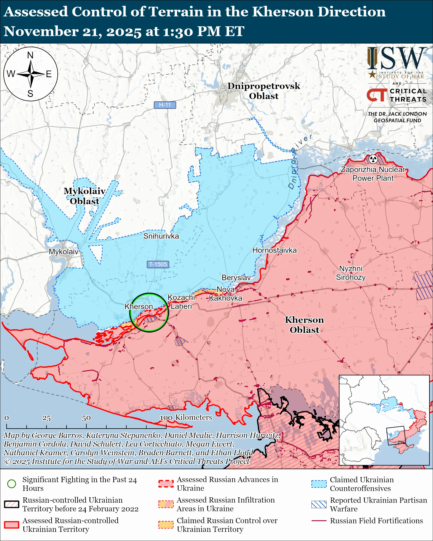 Assessed Control of Terrain in the Kherson Direction, November 21, 2025 at 1:30 PM ET