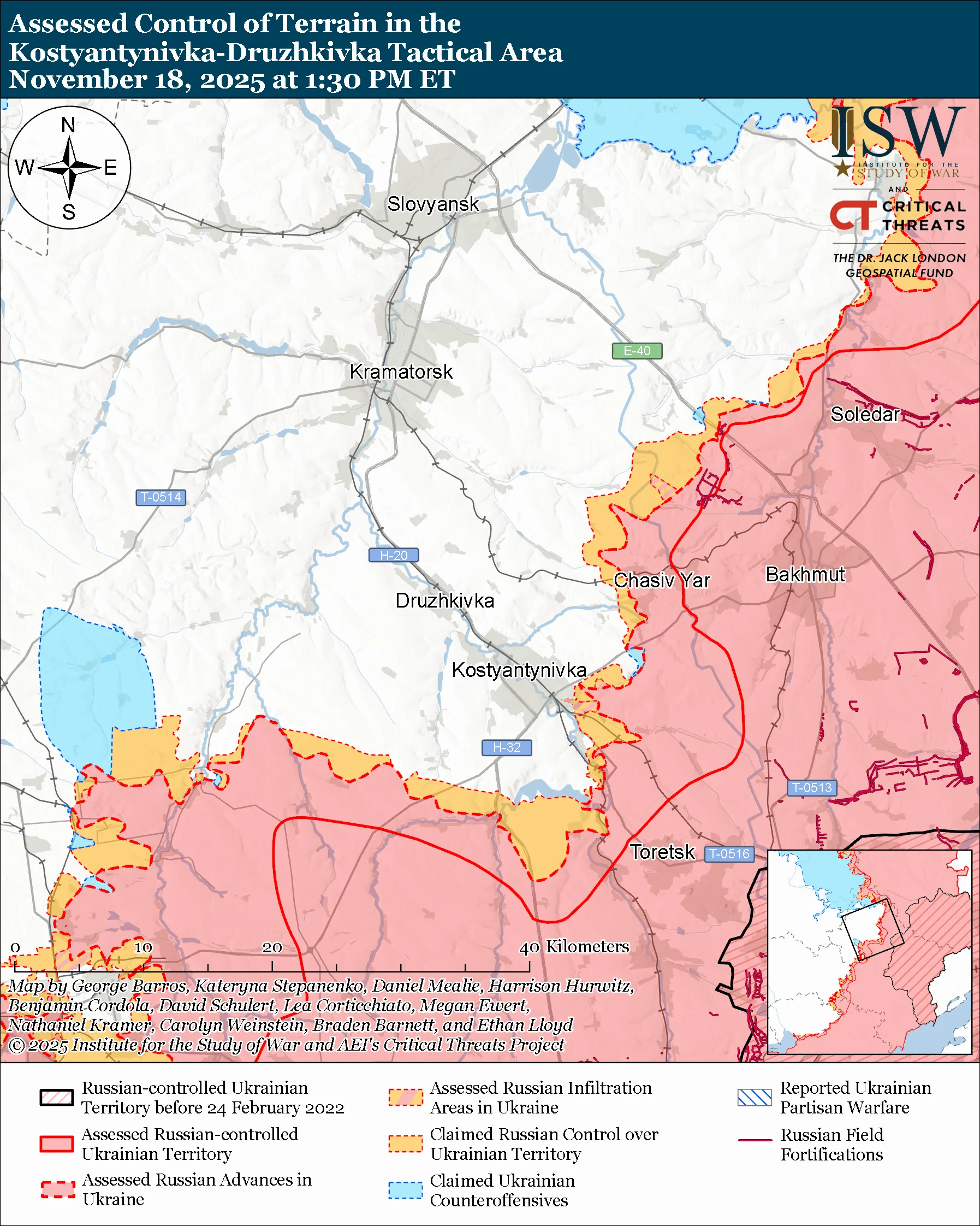 Assessed Control of Terrain in the Kostyantynivka-Druzhkivka Tactical Area, November 18, 2025 at 1:30 PM ET
