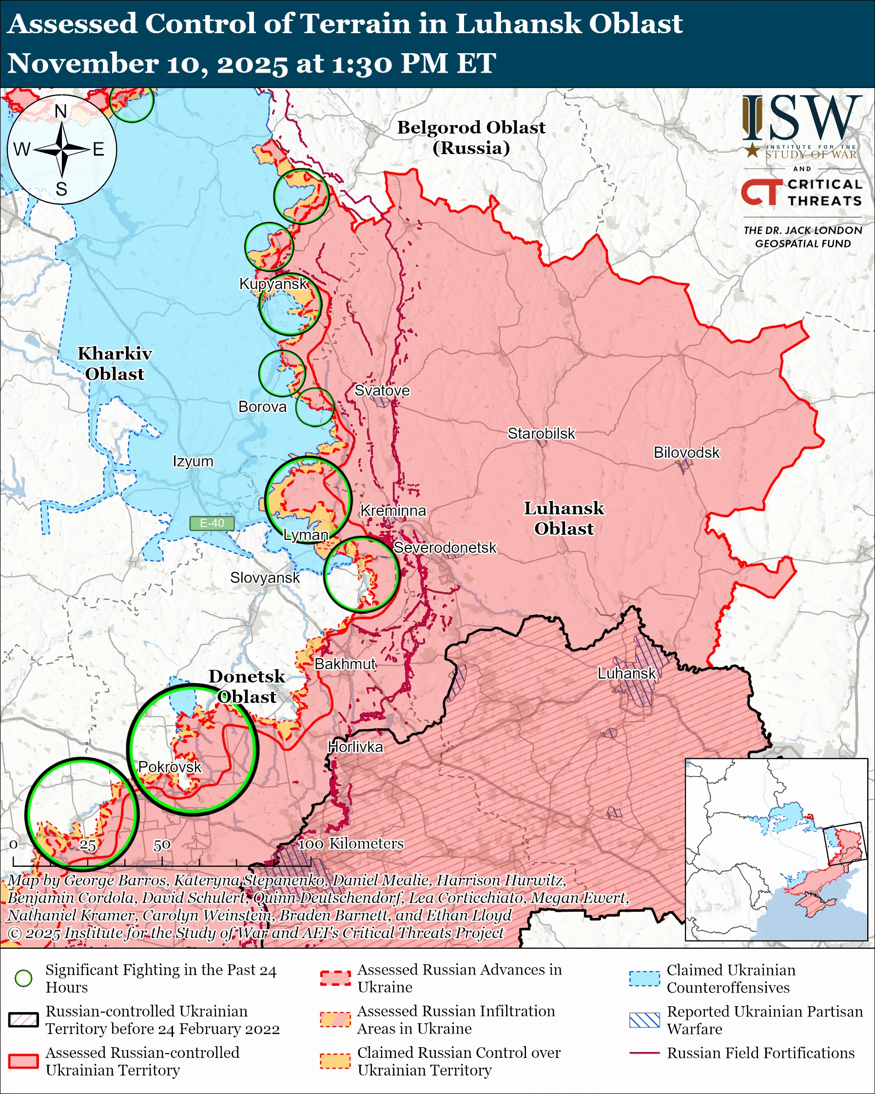 Assessed Control of Terrain in the Luhansk Oblast, November 10, 2025 at 1:30 PM ET