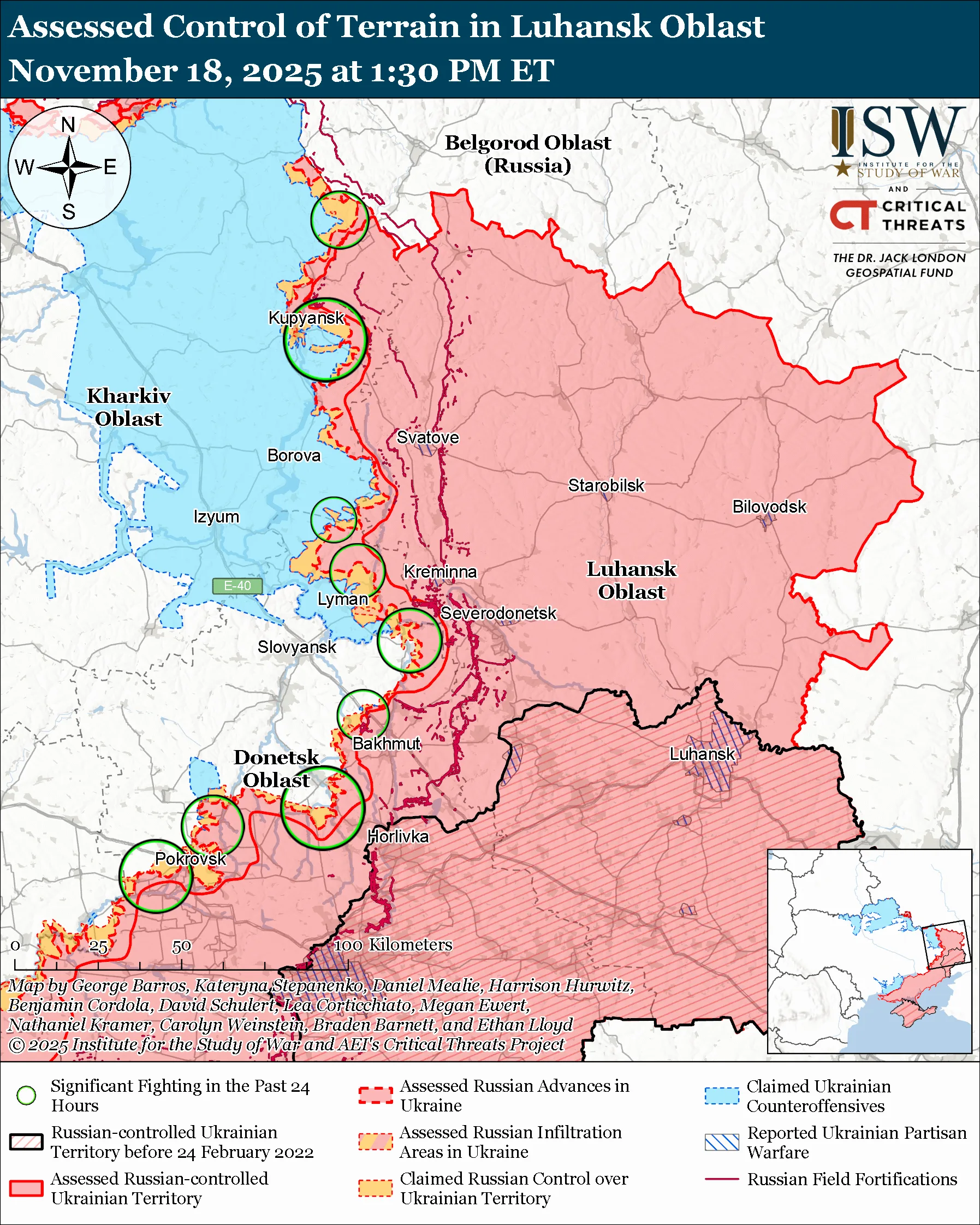 Assessed Control of Terrain in Luhansk Oblast, November 18, 2025 at 1:30 PM ET