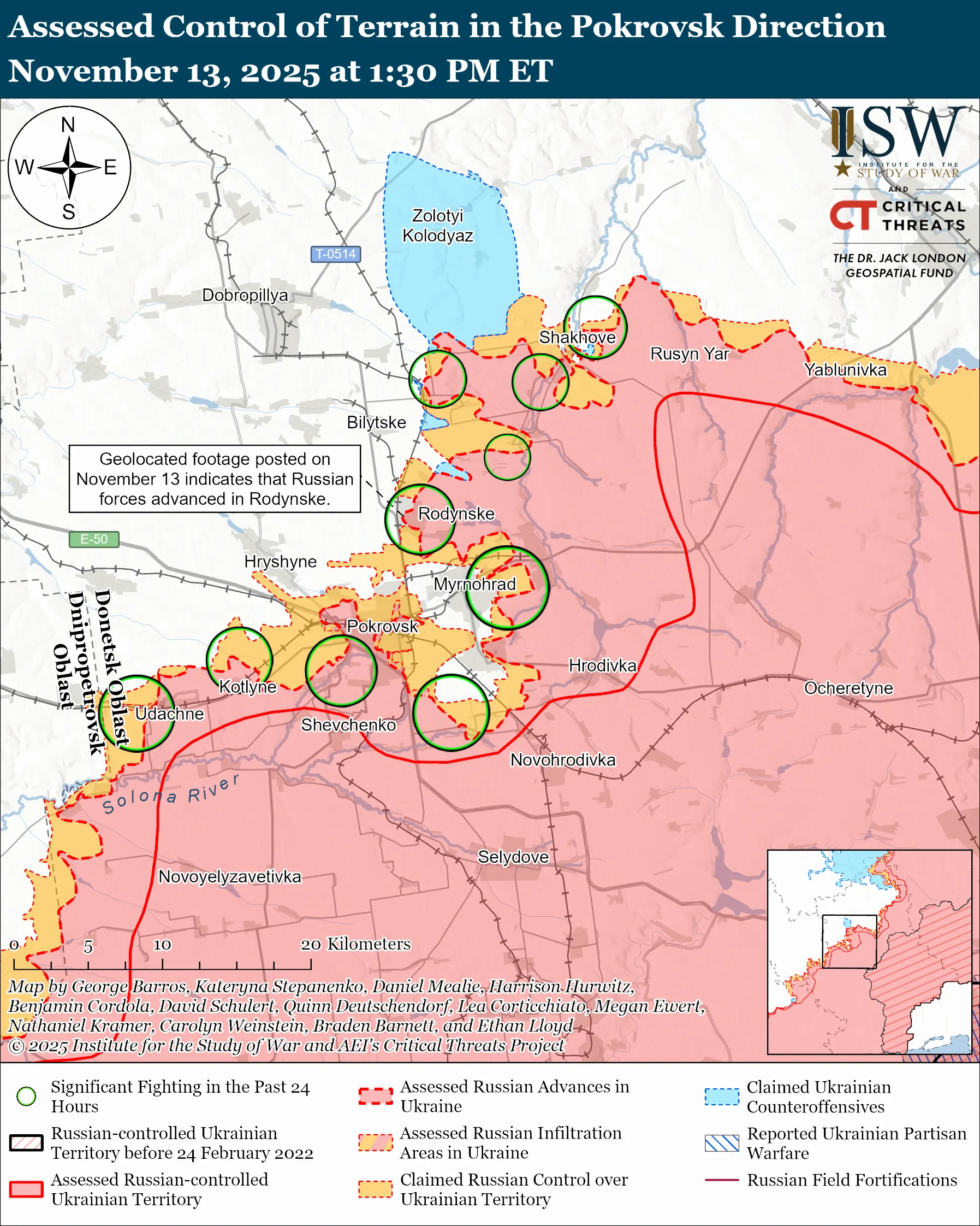Assessed Control of Terrain in the Pokrovsk Direction, November 13, 2025 at 1:30 PM ET