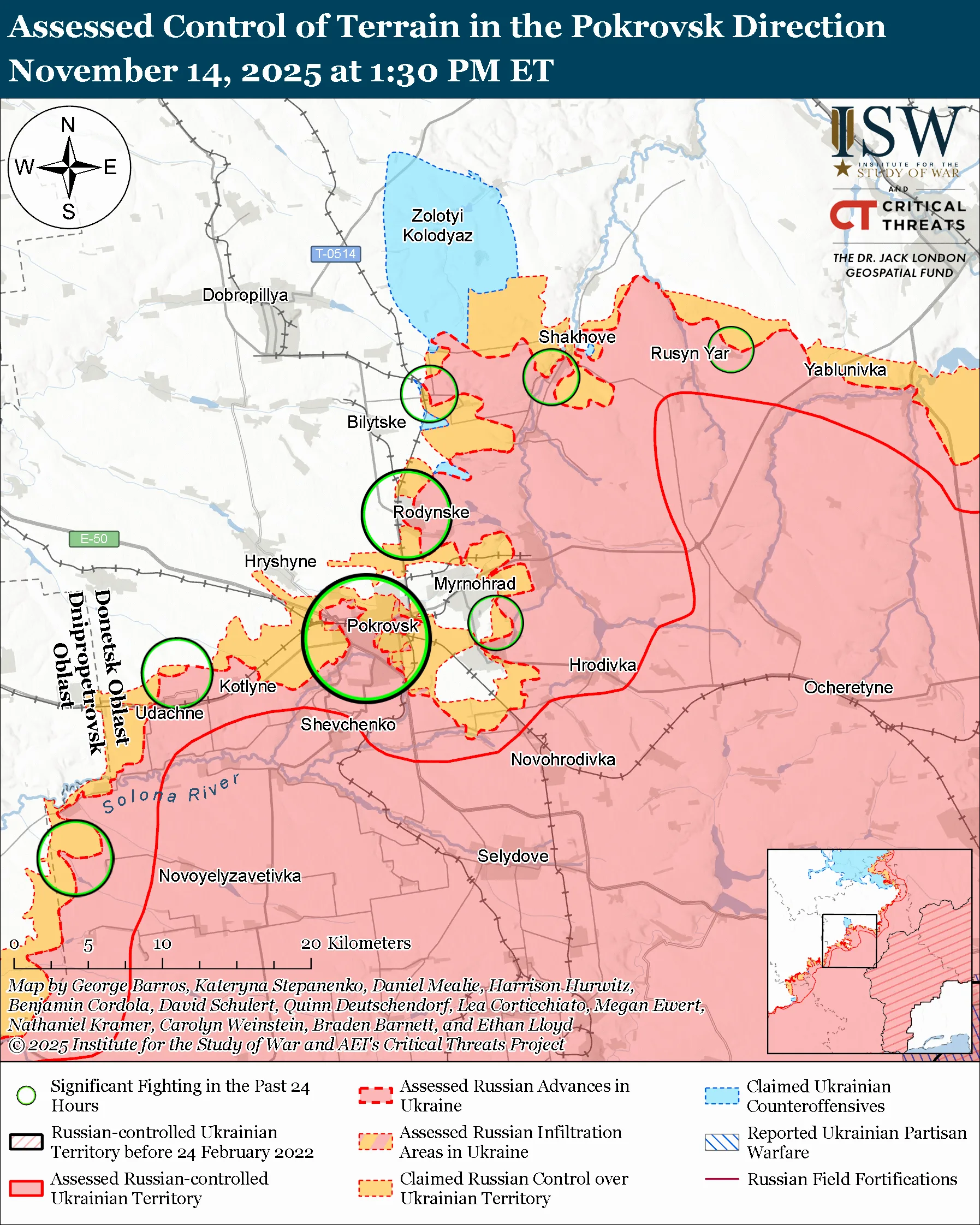 Assessed Control of Terrain in the Pokrovsk Direction, November 14, 2025 at 1:30 PM ET