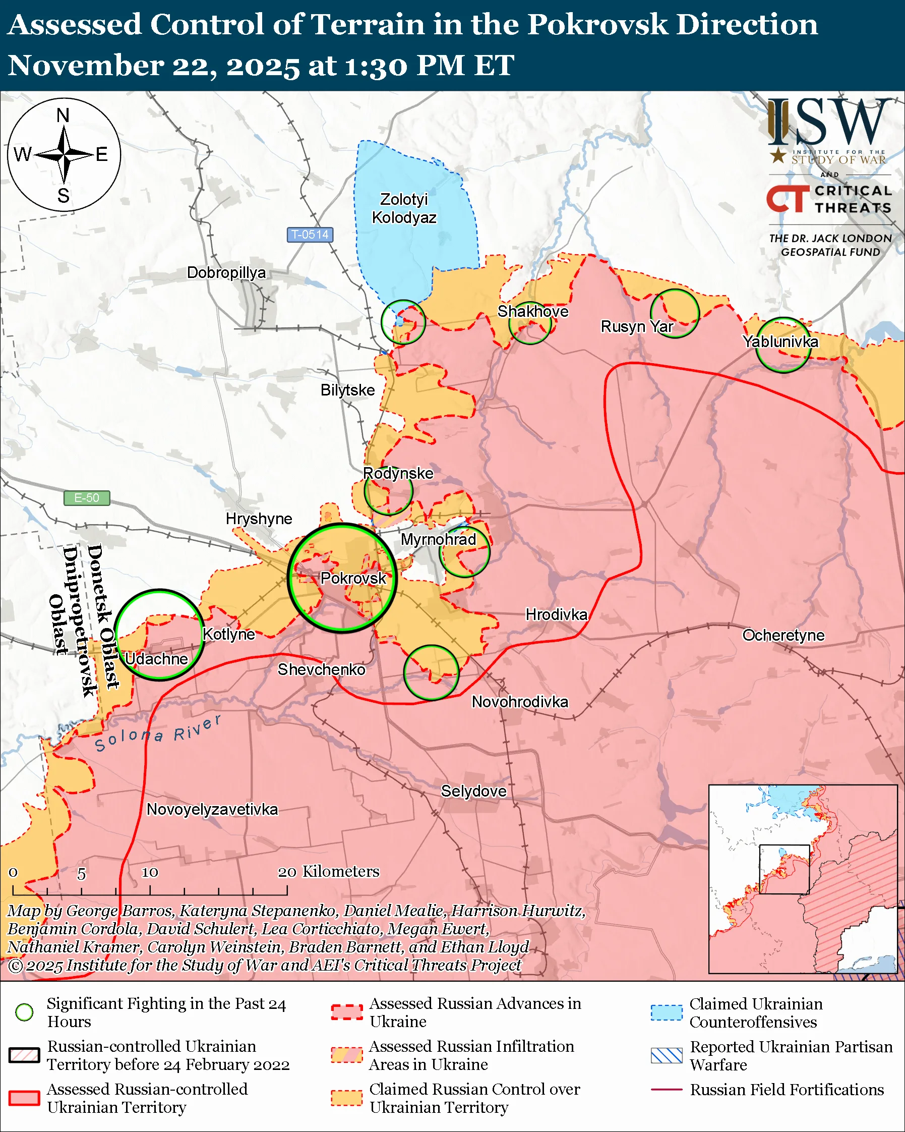 Assessed Control of Terrain in the Pokrovsk Direction, November 22, 2025 at 1:30 PM ET