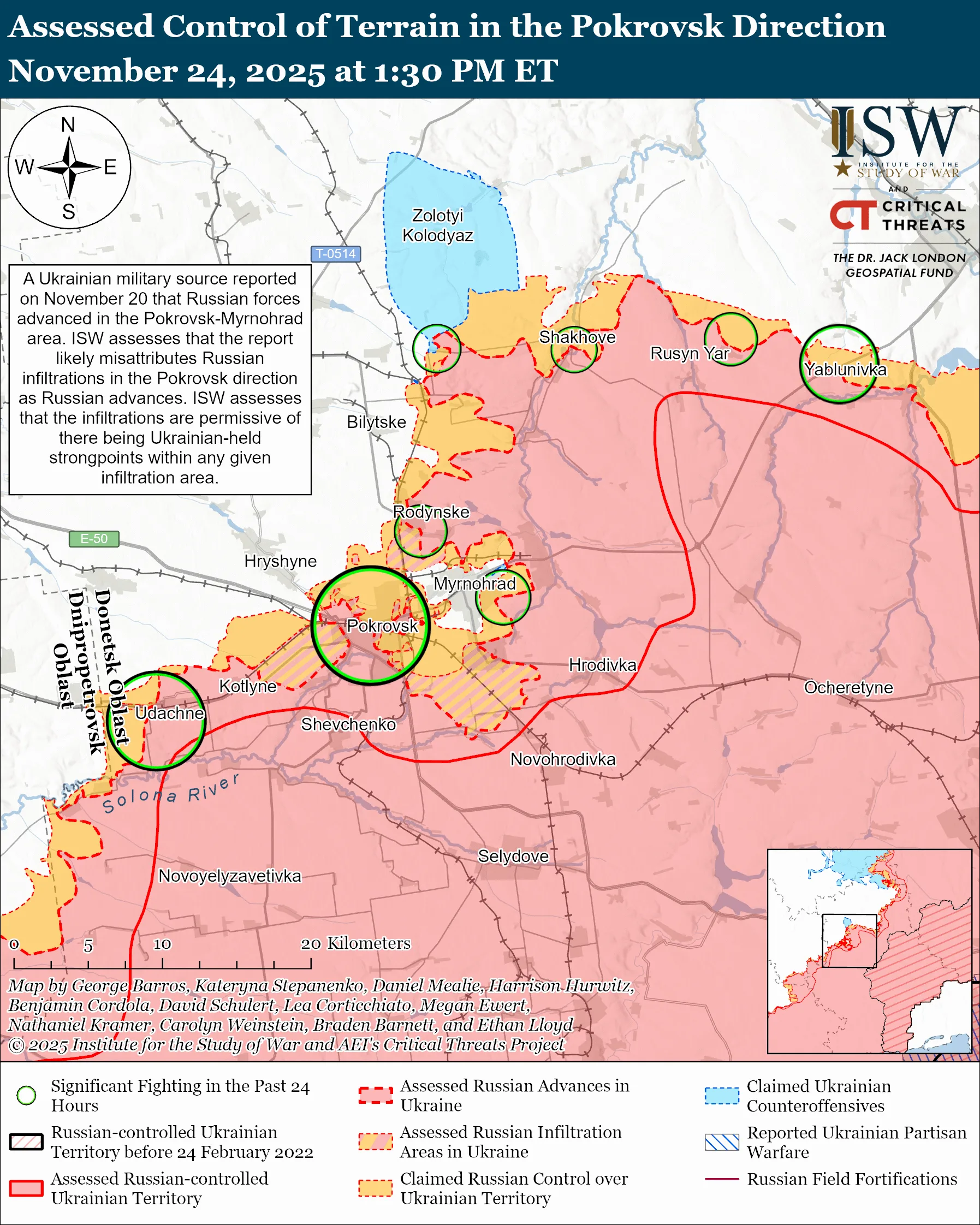 Assessed Control of Terrain in the Pokrovsk Direction, November 24, 2025 at 1:30 PM ET