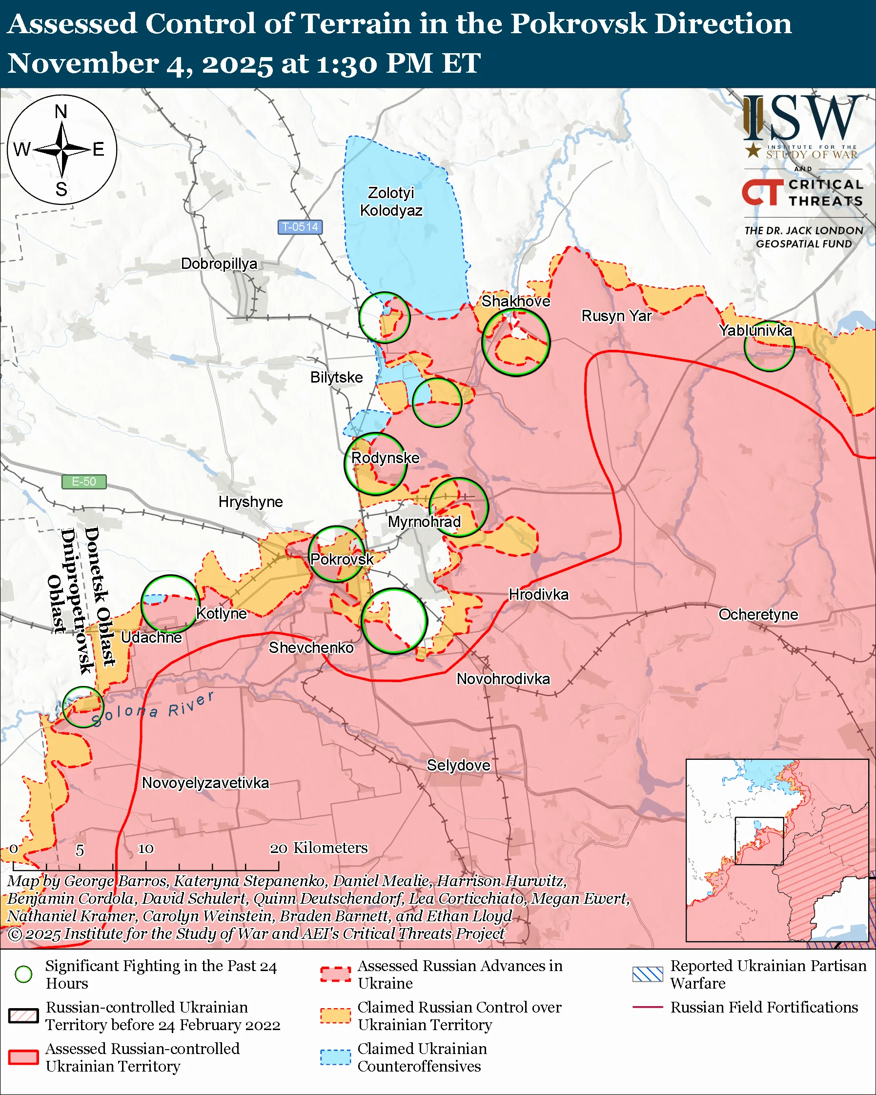 Assessed Control of Terrain in the Pokrovsk Direction, November 4, 2025 at 1:30 PM ET