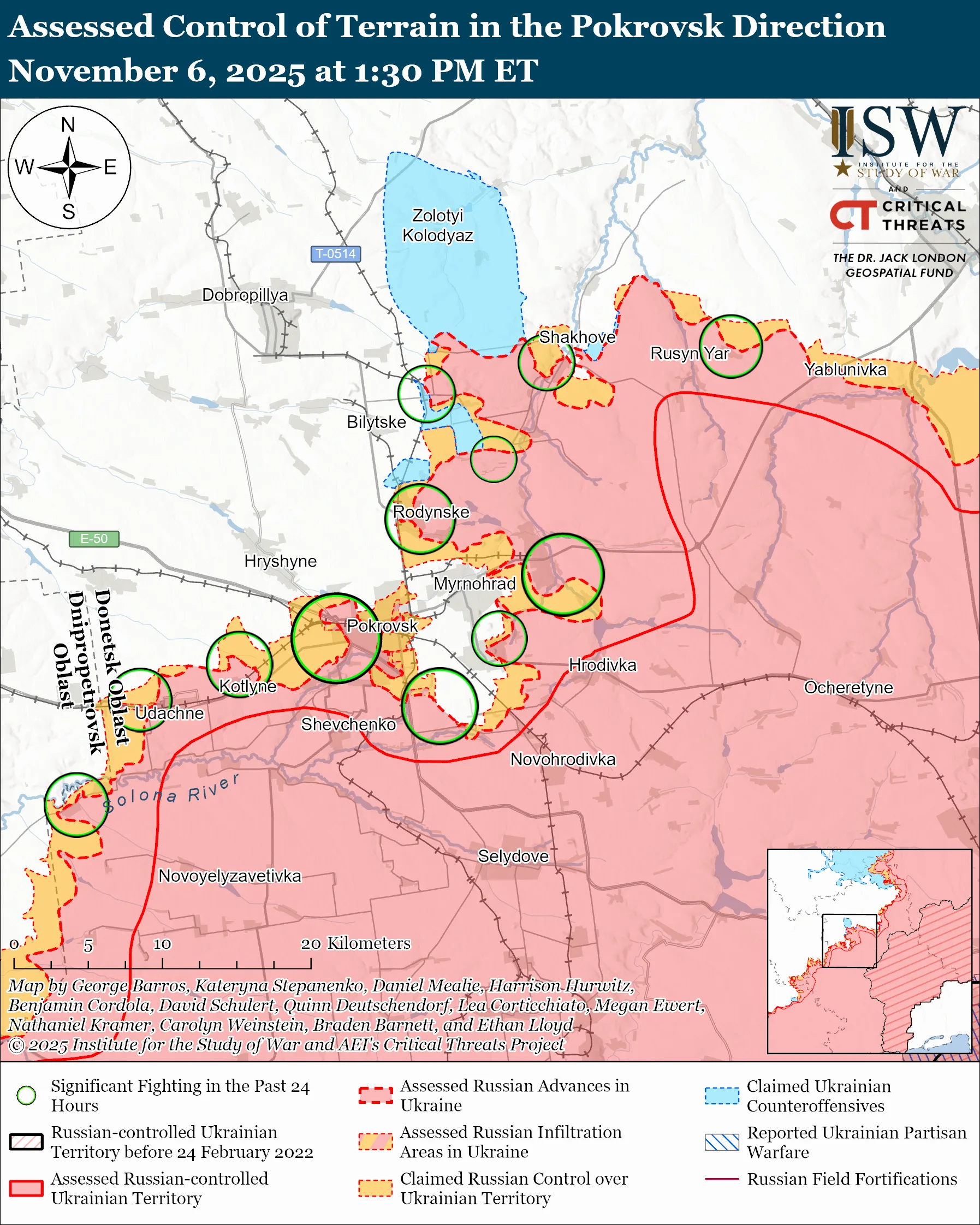 Assessed Control of Terrain in the Pokrovsk Direction, November 6, 2025 at 1:30 PM ET