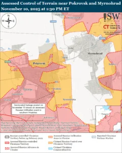 Assessed Control of Terrain in Pokrovsk and Myrnohrad, November 10, 2025 at 1:30 PM ET