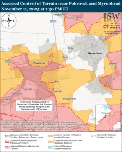 Assessed Control of Terrain near Pokrovsk and Myrnohrad, November 11, 2025