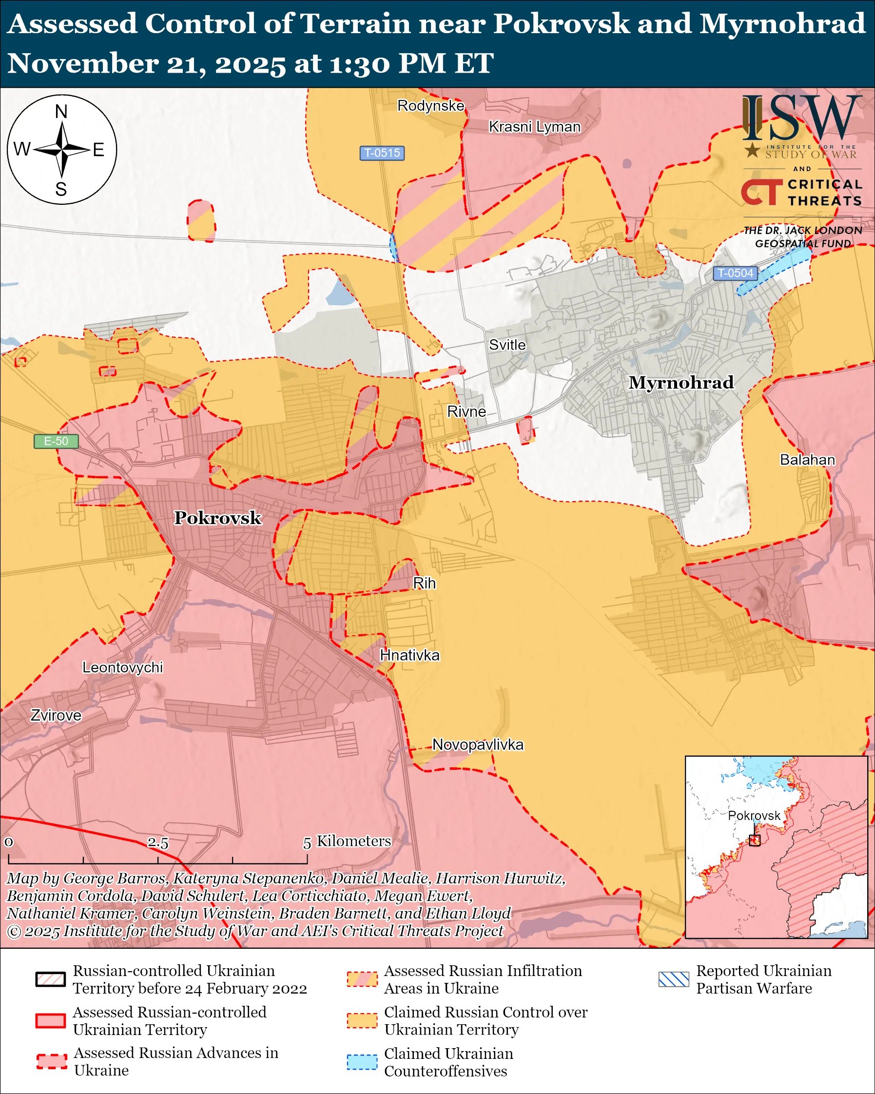 Assessed Control of Terrain in Pokrovsk and Myrnohrad, November 21, 2025 at 1:30 PM ET