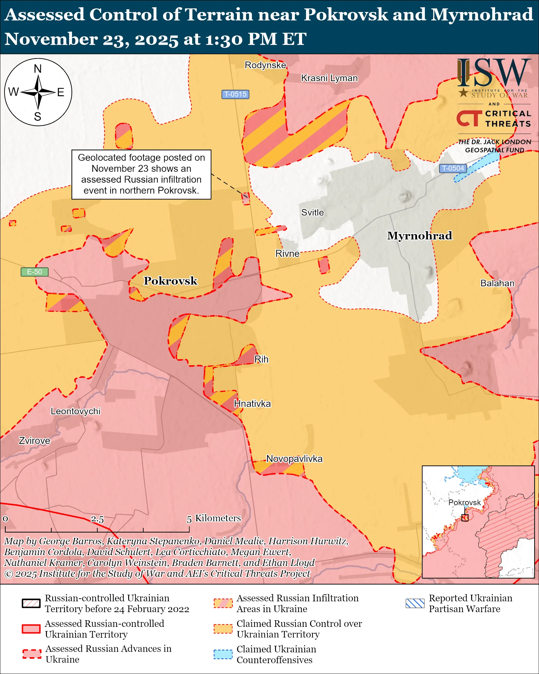 Assessed Control of Terrain near Pokrovsk & Myrnohrad, November 23, 2025 at 1:30 PM ET