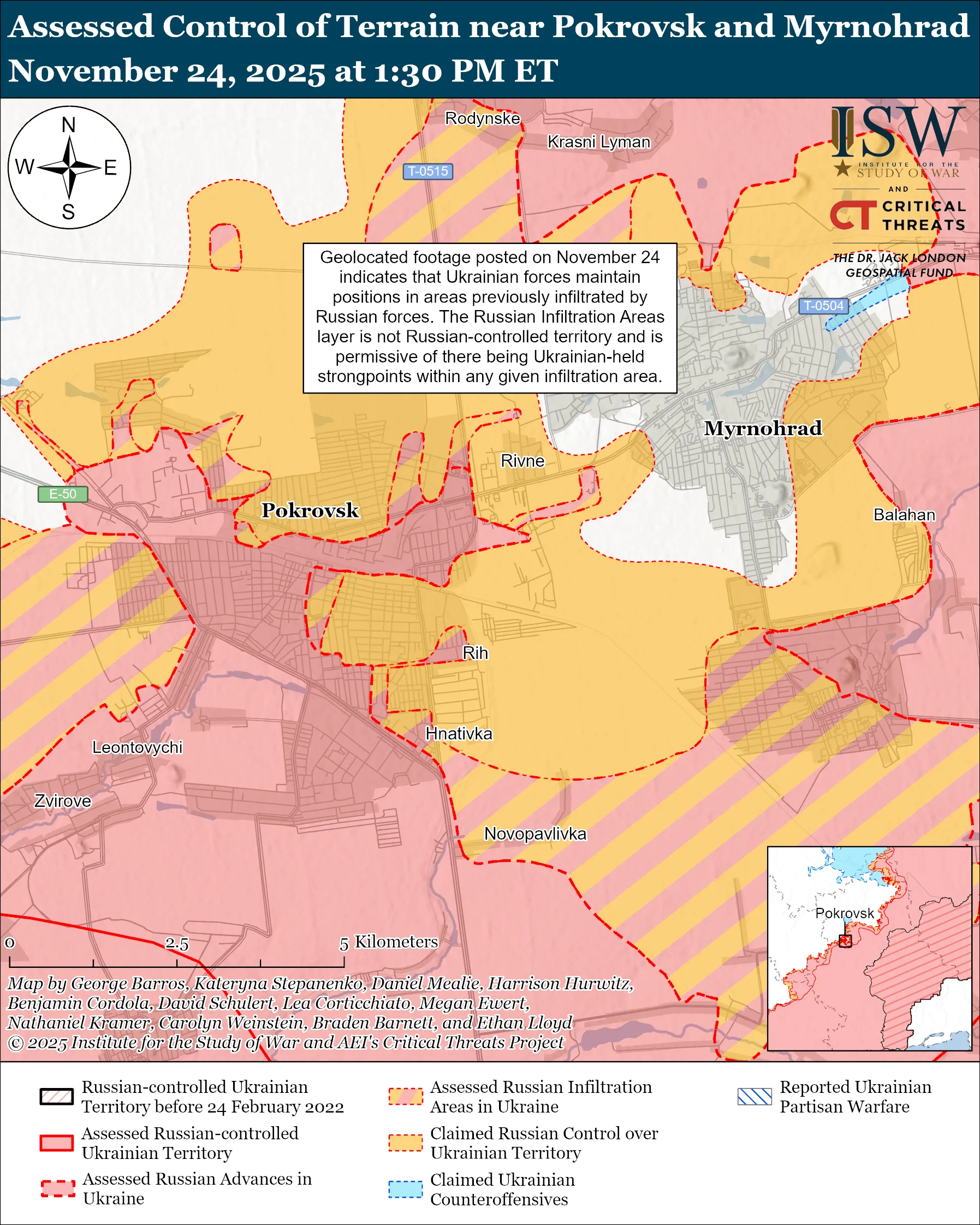 Assessed Control of Terrain near Pokrovsk and Myrnohrad, November 24, 2025 at 1:30 PM ET