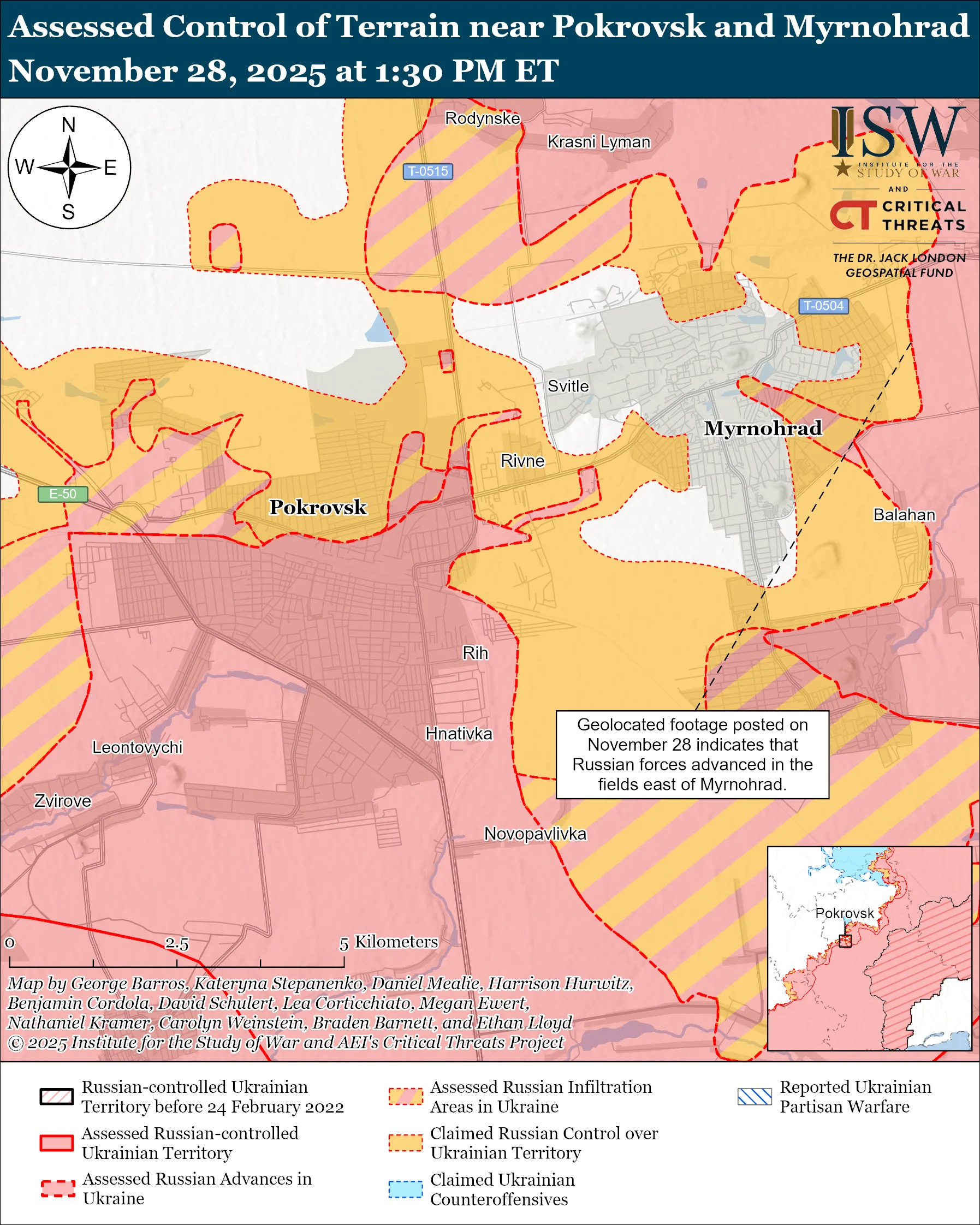 Assessed Control of Terrain near Pokrovsk and Myrnohrad, November 28, 2025 at 1:30 PM ET