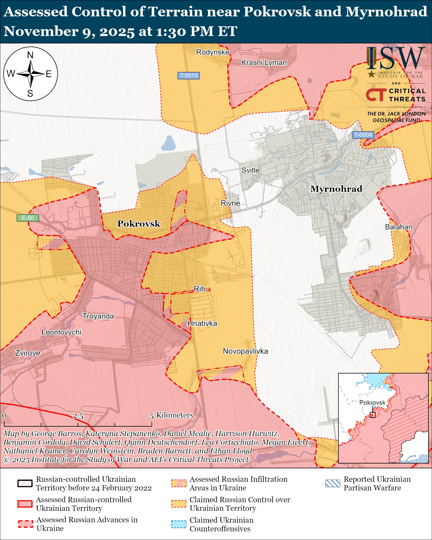 Assessed Control of Terrain near Pokrovsk and Myrnohrad, November 9, 2025 at 1:30 PM ET