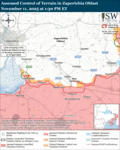 Assessed Control of Terrain in Zaporizhia Oblast, November 11, 2025
