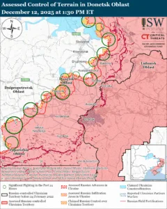 Assessed Control of Terrain in Donetsk Oblast, December 12, 2025 at 1:30 PM ET