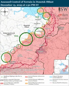 Assessed Control of Terrain in the Donetsk Oblast, December 13, 2025 at 1:30 PM ET