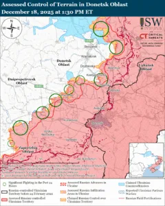 Assessed Control of Terrain in the Donetsk Oblast, December 18, 2025 at 1:30 PM ET