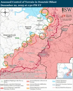 Assessed Control of Terrain in Donetsk Oblast, December 22, 2025 at 1:30 PM ET