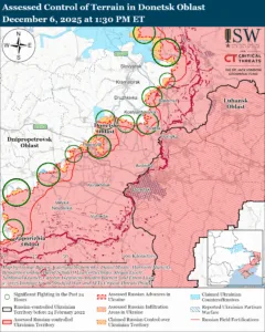 Assessed Control of Terrain in Donetsk Oblast, December 6, 2025 at 1:30 PM ET