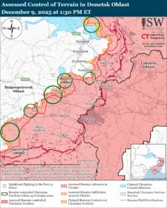 Assessed Control of Terrain in Donetsk Oblast, December 9, 2025 at 1:30 PM ET