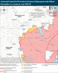 Assessed Control of Terrain in the Eastern Dnipropetrovsk Direction, December 12, 2025