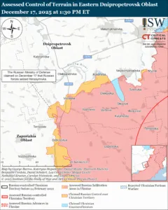 Assessed Control of Terrain in Eastern Dnipropetrovsk Oblast, December 17, 2025 at 1:30 PM ET