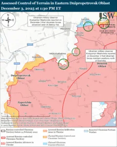 Assessed Control of Terrain in Eastern Dnipropetrovsk Oblast, December 3, 2025 at 1:30 PM ET